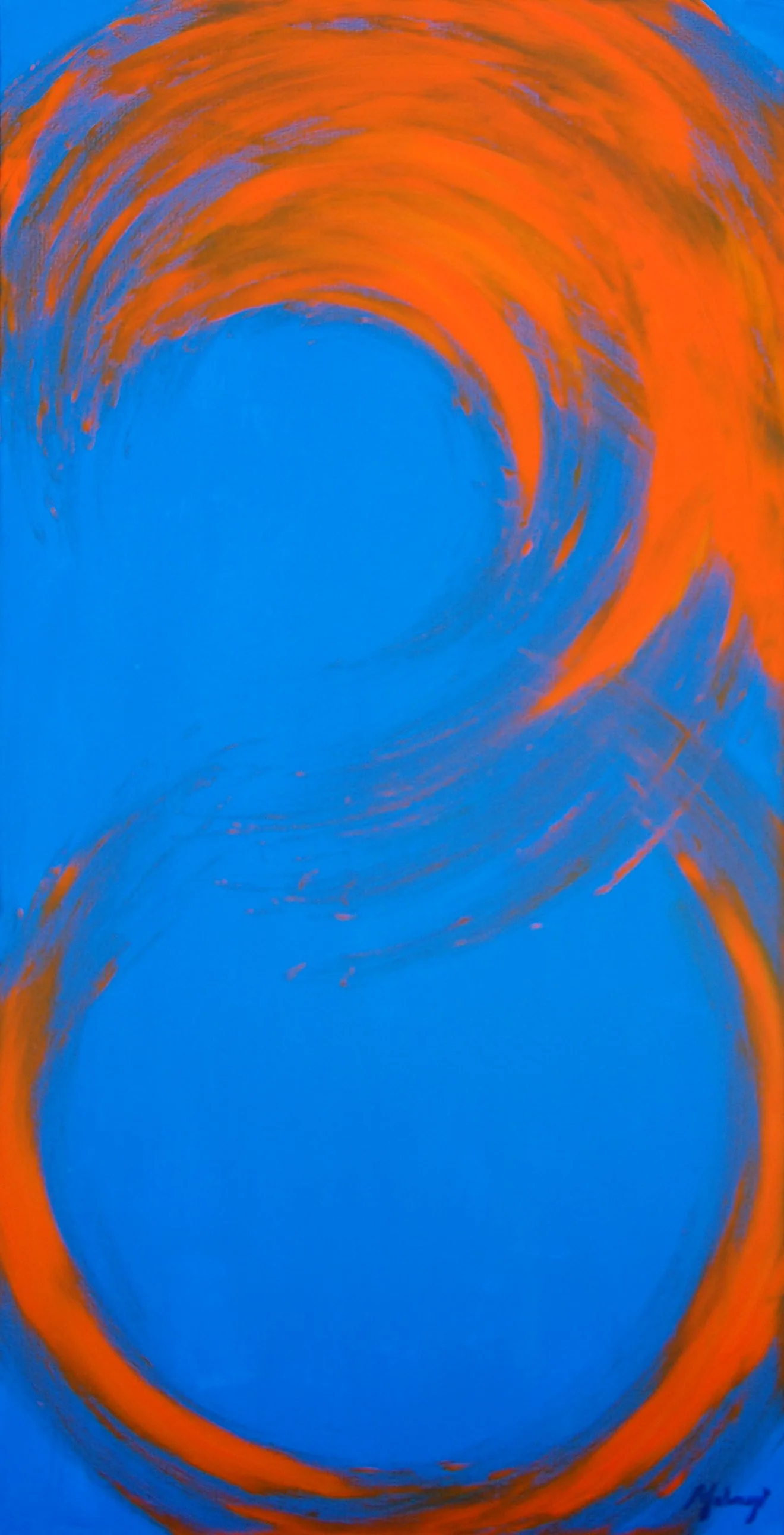Abstract painting with blue and orange swirling colors.