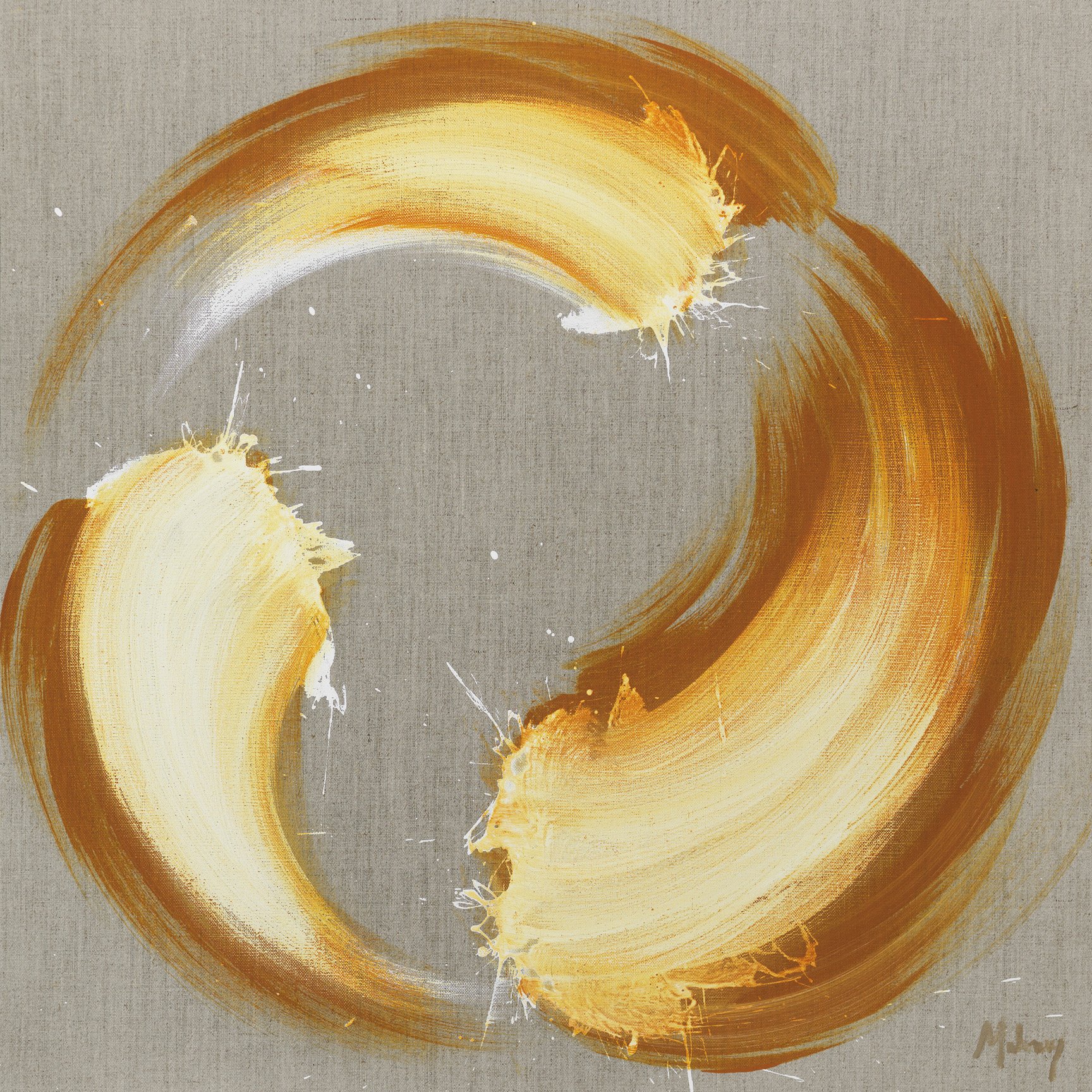 Abstract painting with three large, curved, orange and yellow brushstrokes on a light beige background.