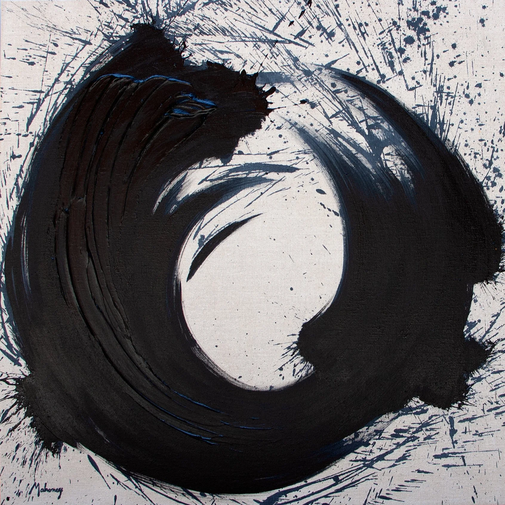 Abstract black and white painting with sweeping black brushstrokes forming a circular shape, surrounded by splatter and streaks of black ink on a white background.