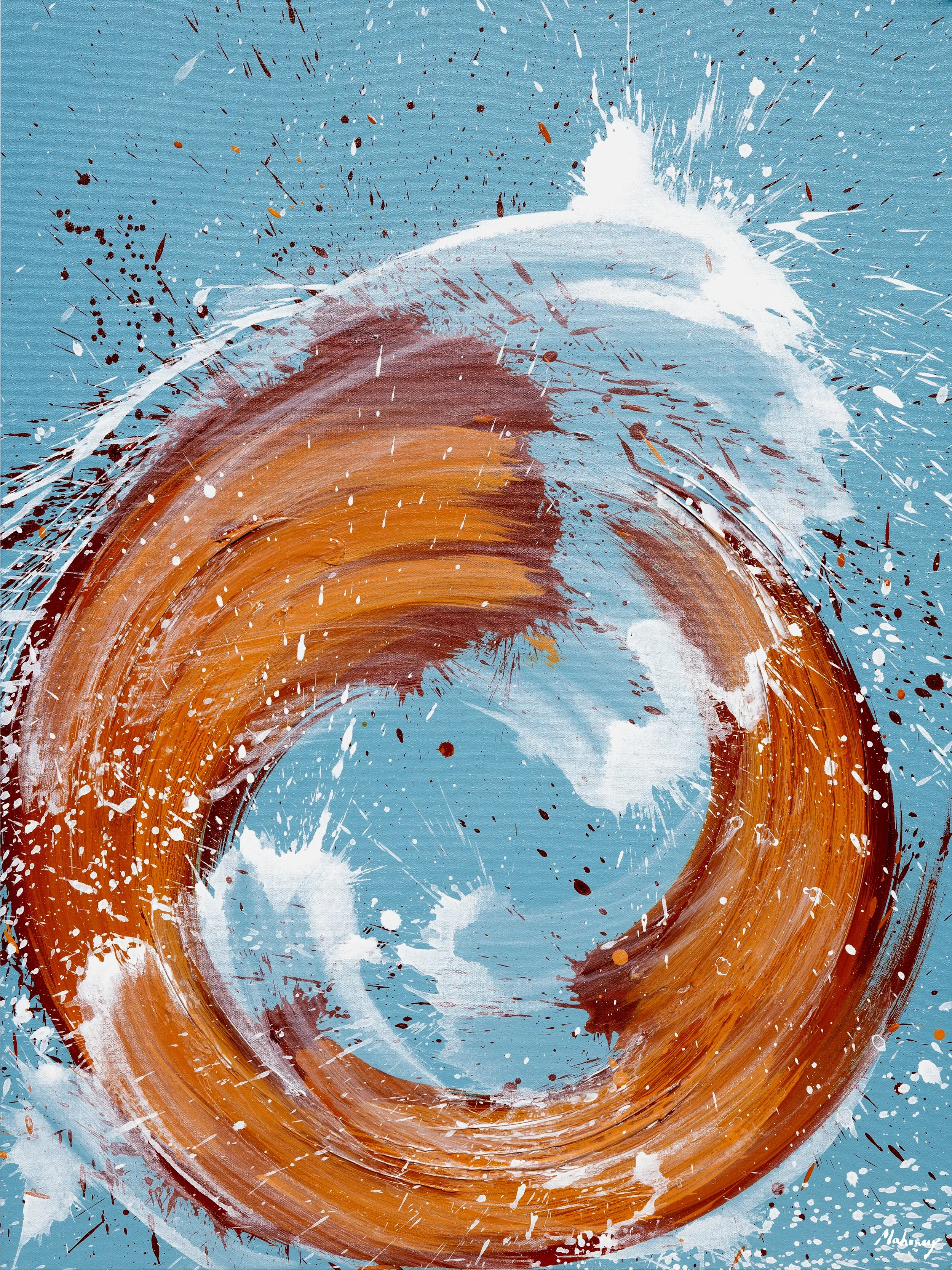 Abstract painting with a blue background featuring a large, circular swirl in shades of orange and white, with splatters and splashes of paint throughout.