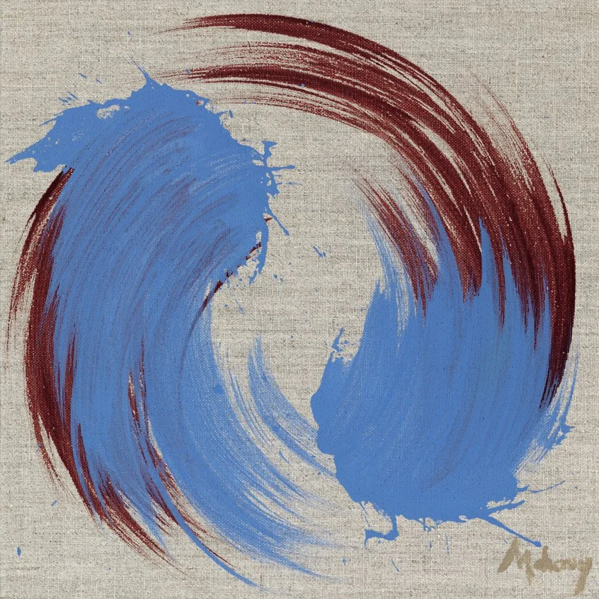 Abstract painting of a circular wave in blue and red on a beige textured background.