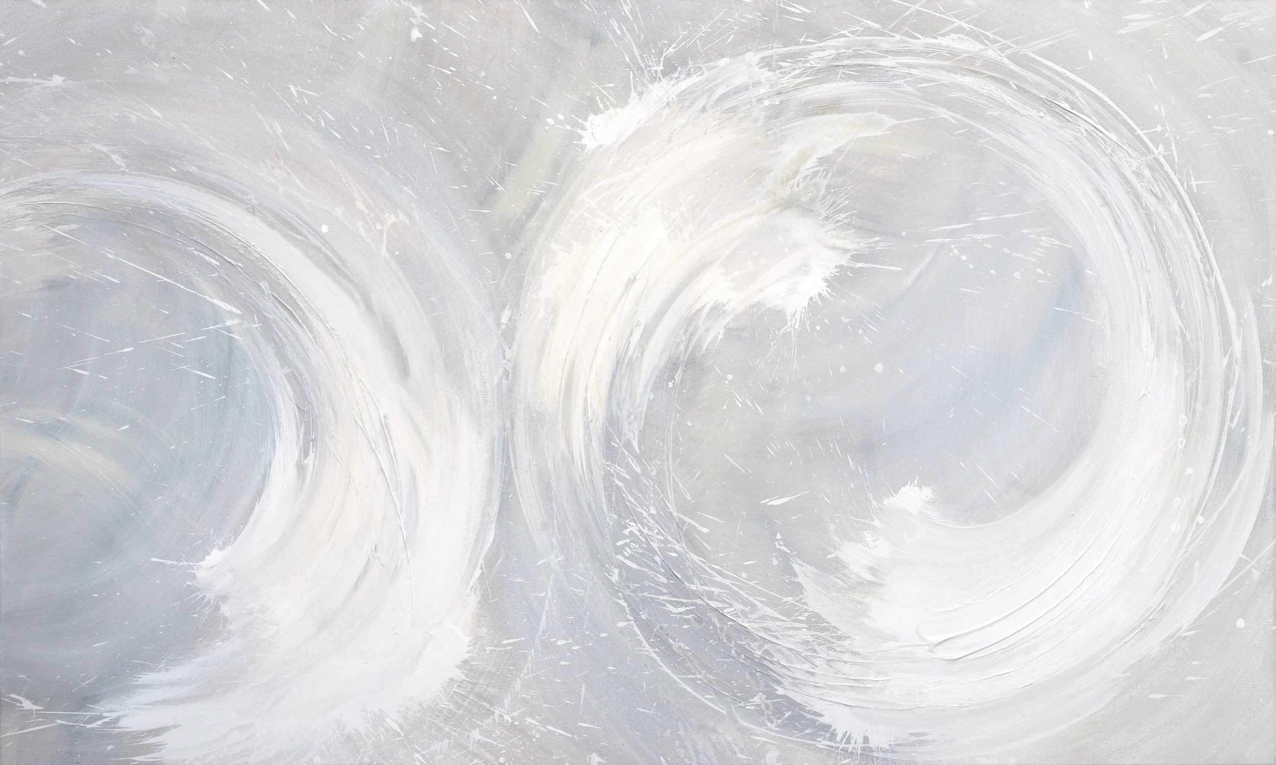 Abstract painting with swirling strokes in white, gray, and light beige colors.