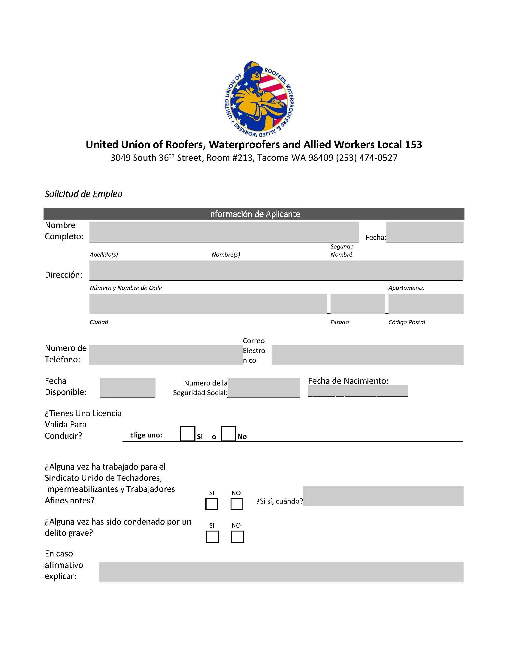 Employment application for Roofers Local 153 in Spanish