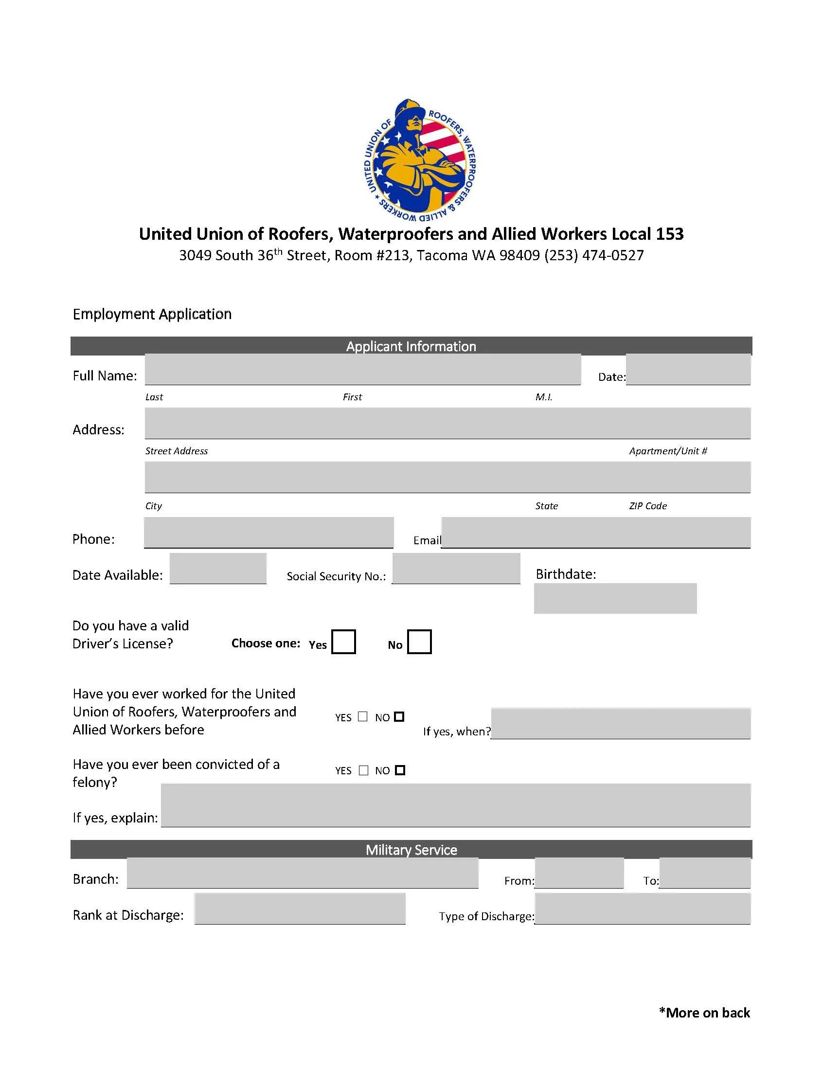Employment application for Roofers Local 153 in English