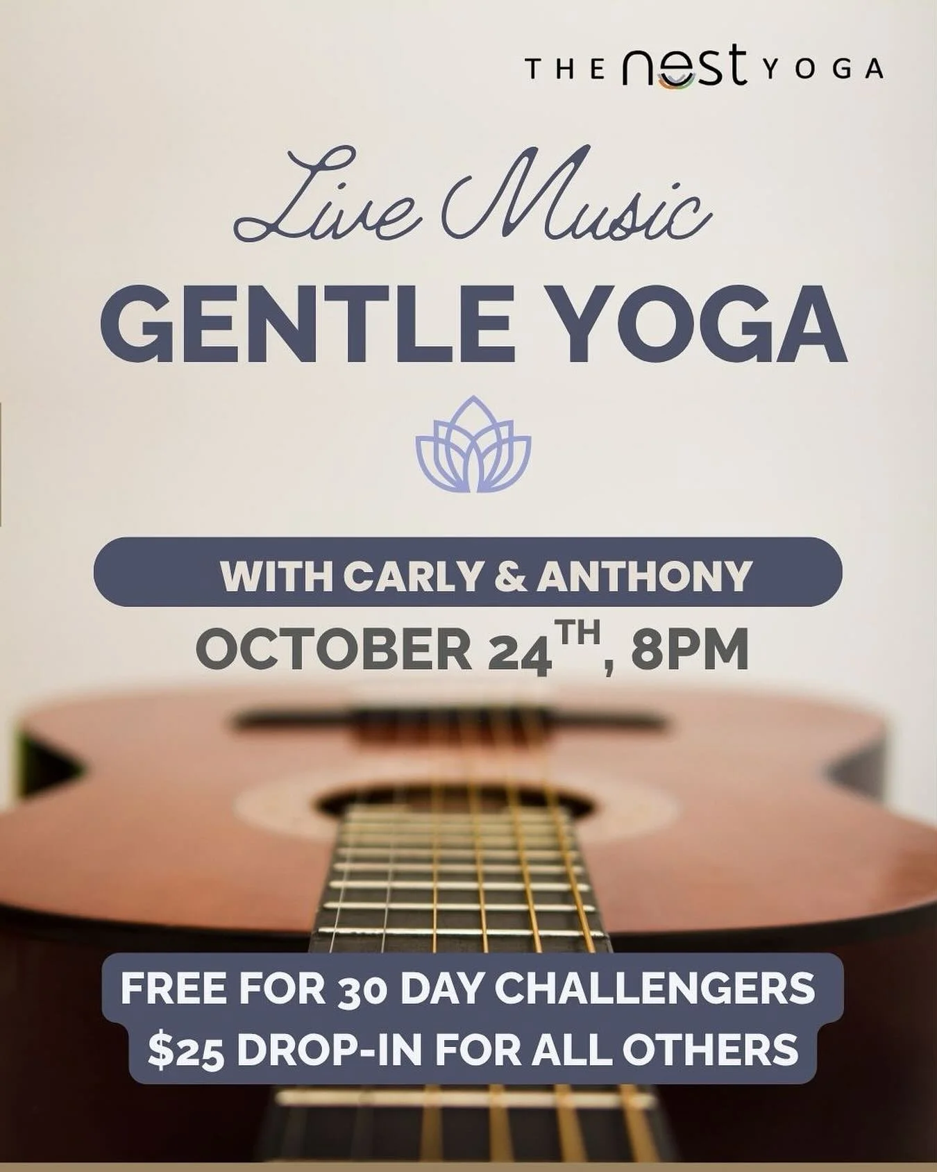 We still have a few drop in spaces for our Live Music Gentle class this evening! 🎶 Open to 30 Day Challengers and a $25 drop in for all other students. 
Come to your mat and be guided through peaceful movements by @carlybyoga with gentle music from