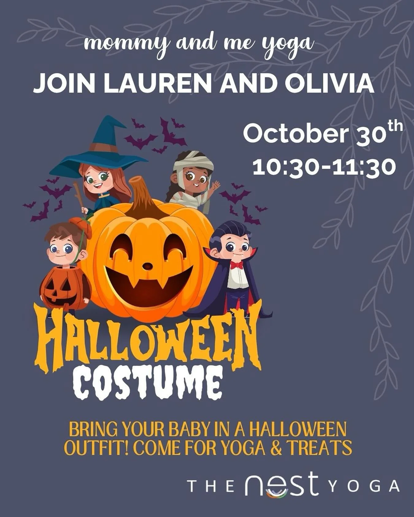 We are excited to announce that this weeks Mommy and Me class with @laurenmarieyork will be a fun, festive Halloween get together! 👻 
Come for coffee, treats and a snack for your little one. Bring your baby in a costume or come just how you are! 🧡