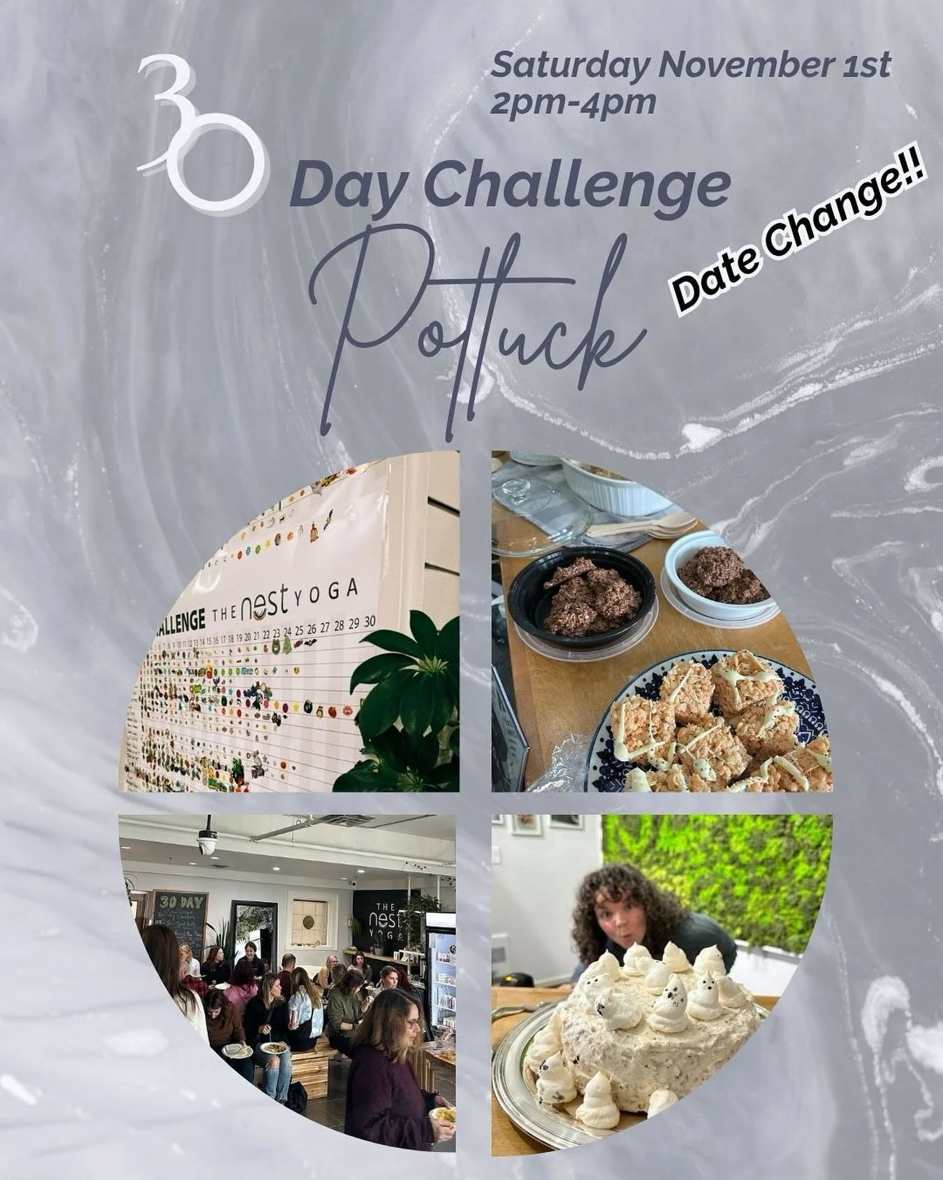 30 DAY CHALLENGE POTLUCK - Date Change! 
Heads up Challengers - we have changed the date for our end of challengers potluck! 📣 
We will now be meeting on Saturday November 1st from 2pm-4pm. Sign up and bring your favourite treat! Come and celebrat