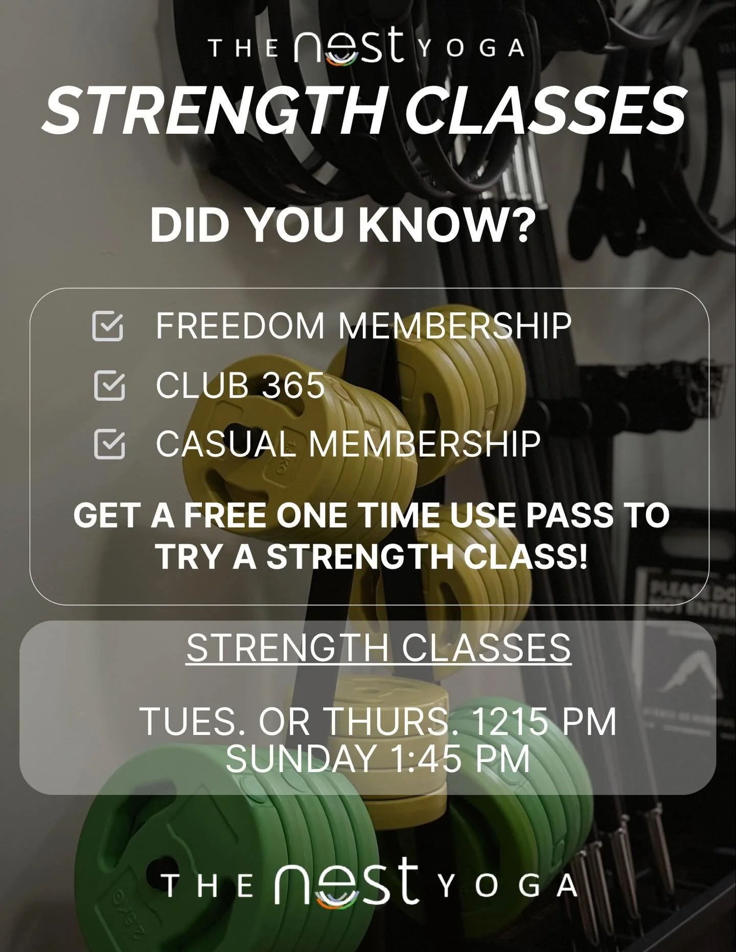 👀 Did you know you might already have a free Strength class waiting for you?

If you&rsquo;re a Freedom Member, Club 365 member, or Casual member, you get one complimentary Strength class to try our new Strength &amp; Pilates 45.

This class is desi