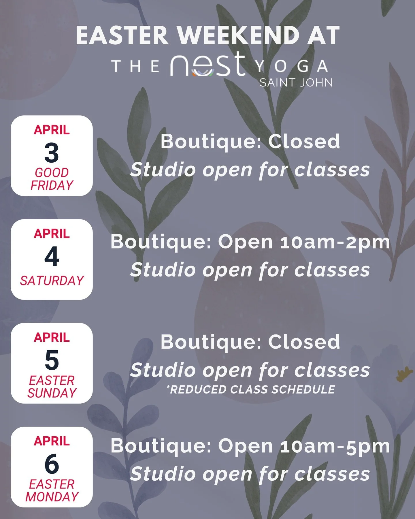 Easter weekend at The Nest Saint John 🌿🐣
Movement is still on the schedule &mdash; just with a little holiday flow.

We&rsquo;re open for classes all weekend with adjusted boutique hours, so you can still get your time on the mat (and maybe a littl