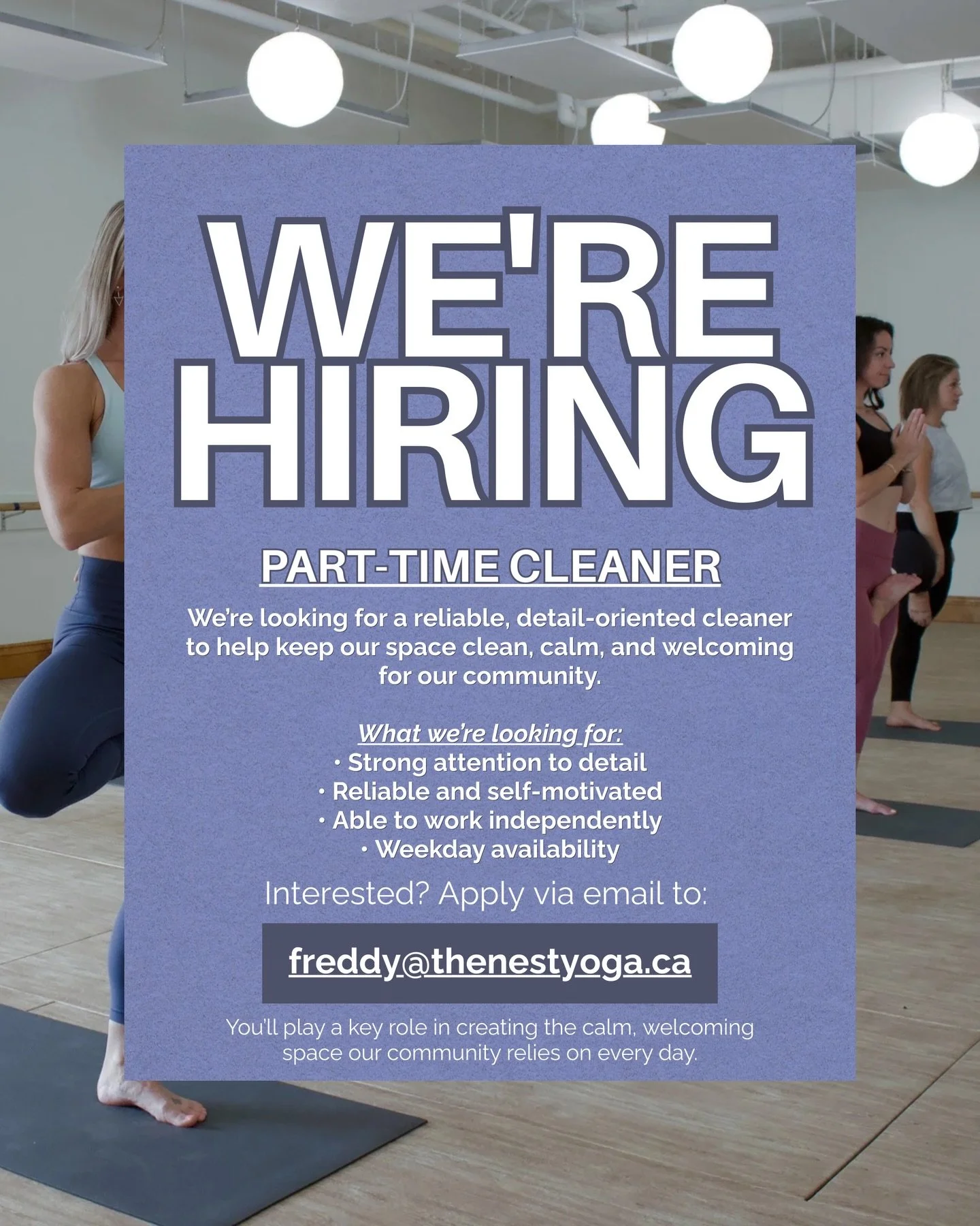 WE&rsquo;RE HIRING &ndash; STUDIO CLEANER 🧼✨

Join the team at The Nest Yoga 🧘&zwj;♀️

We&rsquo;re looking for a reliable, detail-oriented cleaner to help keep our space clean, calm, and welcoming for our community.

What we&rsquo;re looking for:

