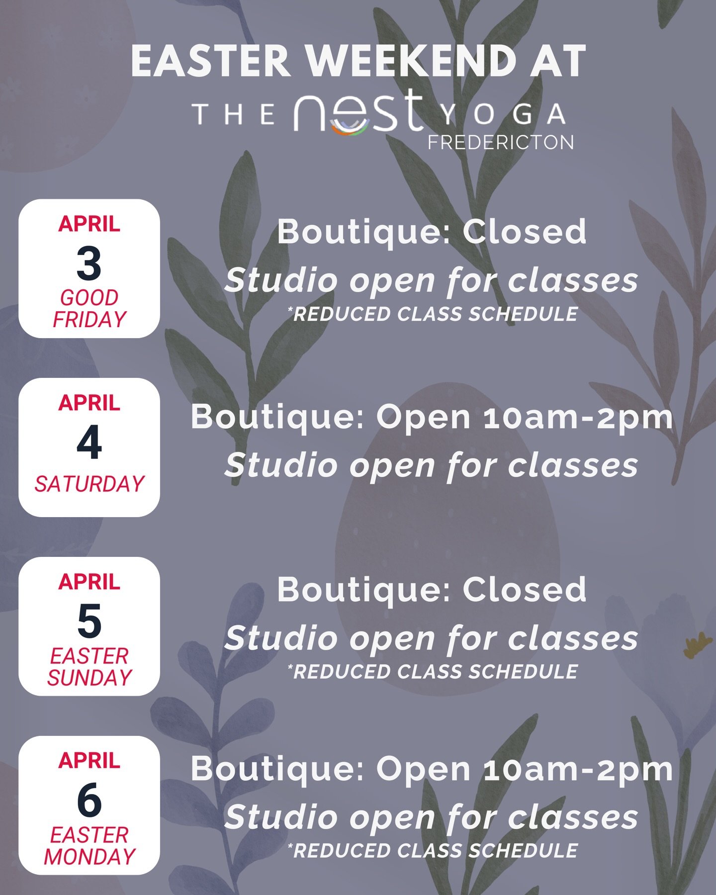 Easter weekend at The Nest 🌿🐣
A slightly softer schedule, but still plenty of time to move, sweat, and reset.

✨ Good Friday &rarr; Easter Monday
✨ Hot, warm + unheated options
✨ A mix of flow, strength, and stretch

Please note:
&bull; Reduced sch