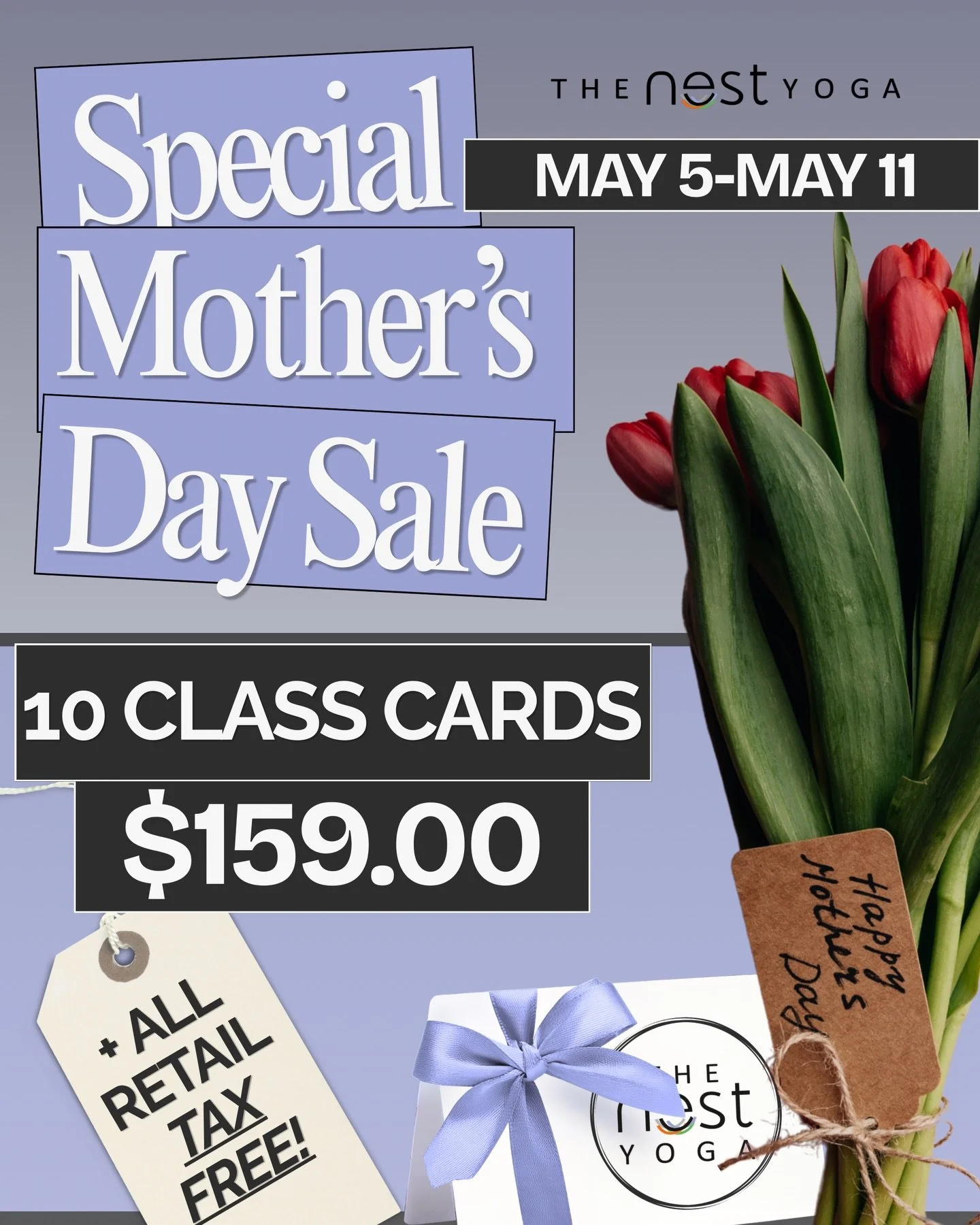 For the ones who hold it all together, give endlessly, and show up with love 🤍

This Mother&rsquo;s Day, we&rsquo;re celebrating her with something that gives back.

🧘🏻&zwj;♀️💪🏼 10 Class Cards for $159
🛍️ PLUS all retail is tax free!

Whether i