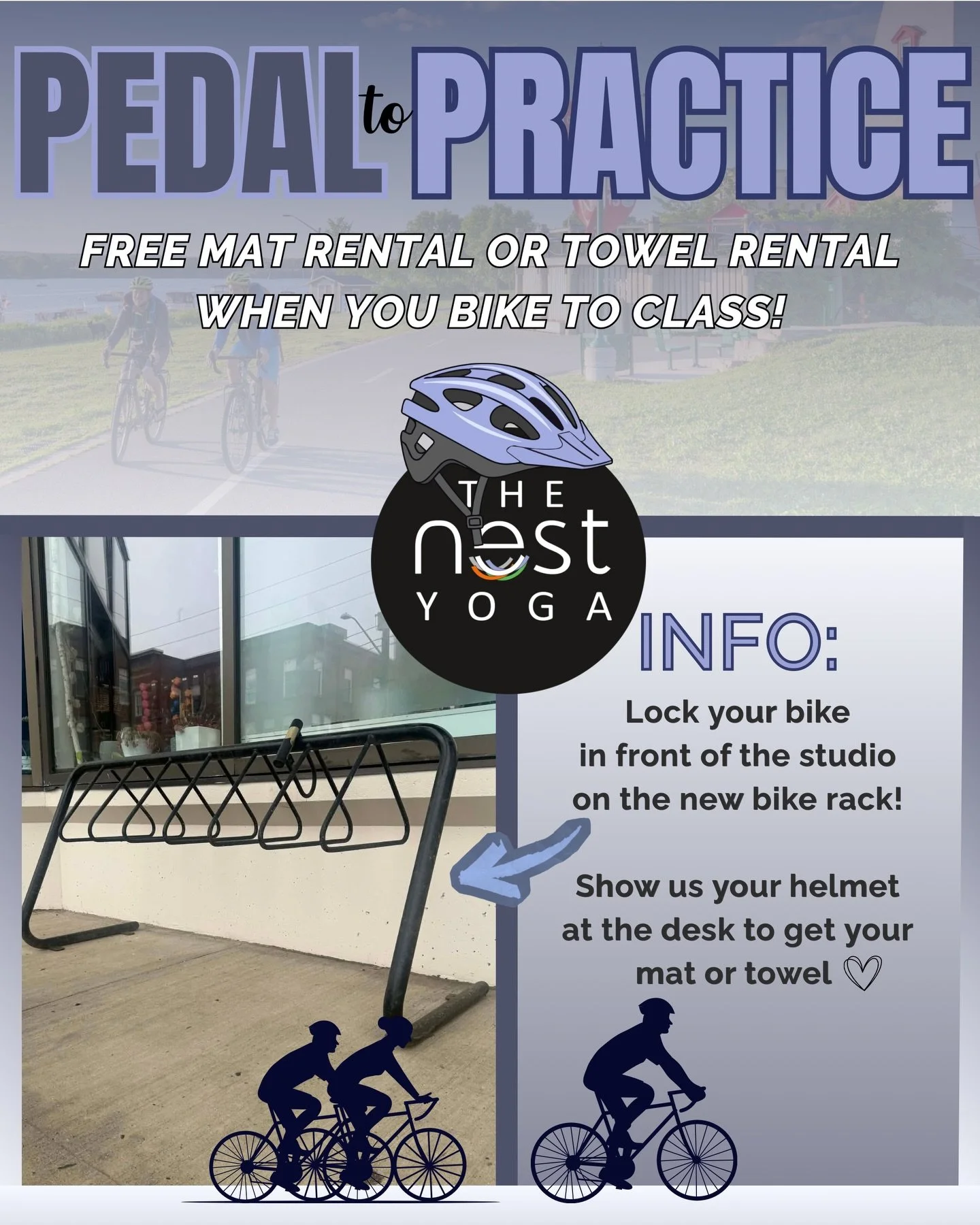 Bike season is officially back ☀️🚲

When you bike to class at The Nest, you&rsquo;ll receive a FREE mat rental or towel rental as our little thank you for choosing to pedal to practice 💛

We know carrying your mat on a bike isn&rsquo;t always the e