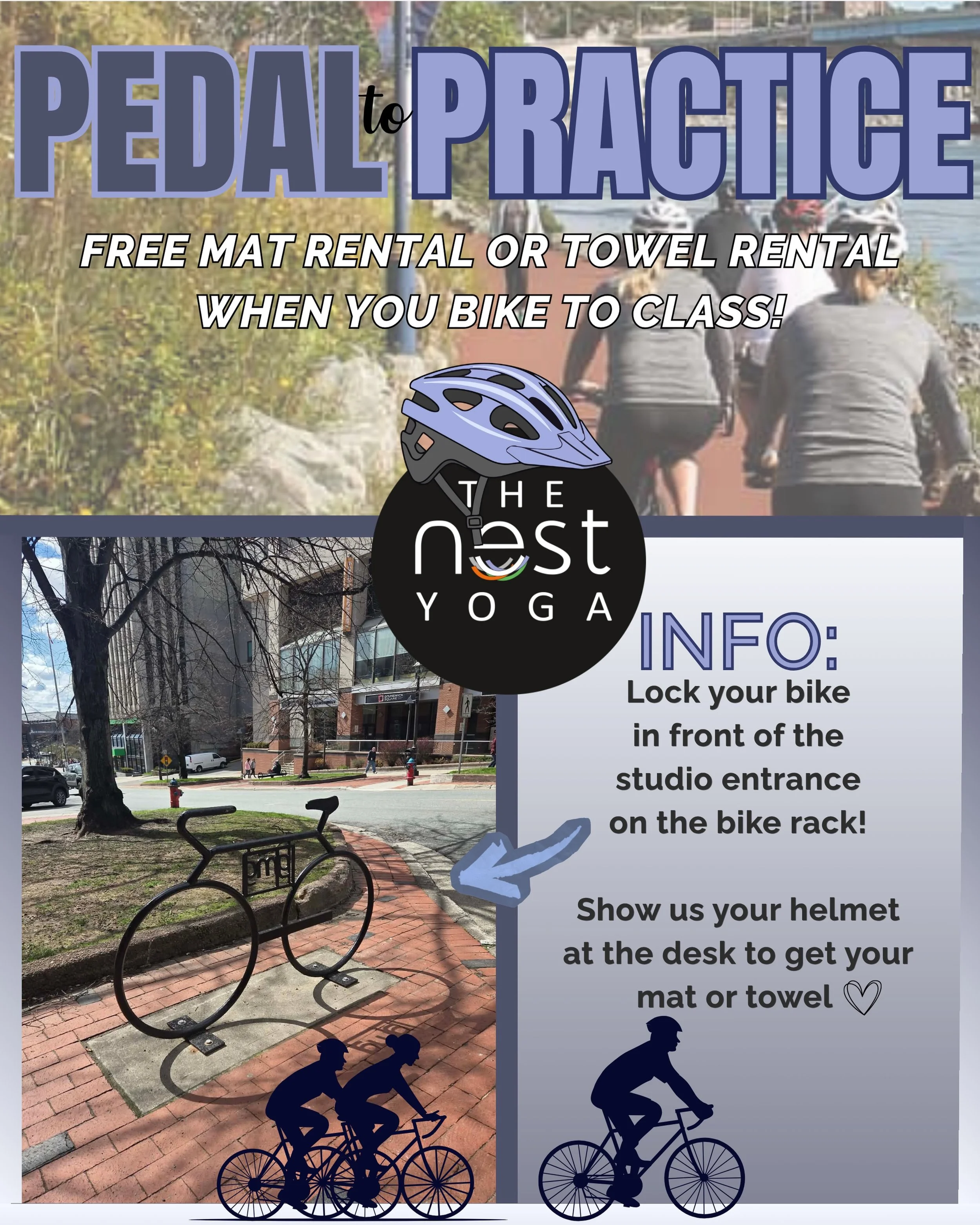 Saint John friends, bike season is calling ☀️🚲

Pedal to Practice is officially on at The Nest Saint John 💛
Bike to class and enjoy a FREE mat rental or towel rental when you arrive.

Just lock your bike at the rack outside the studio entrance and 