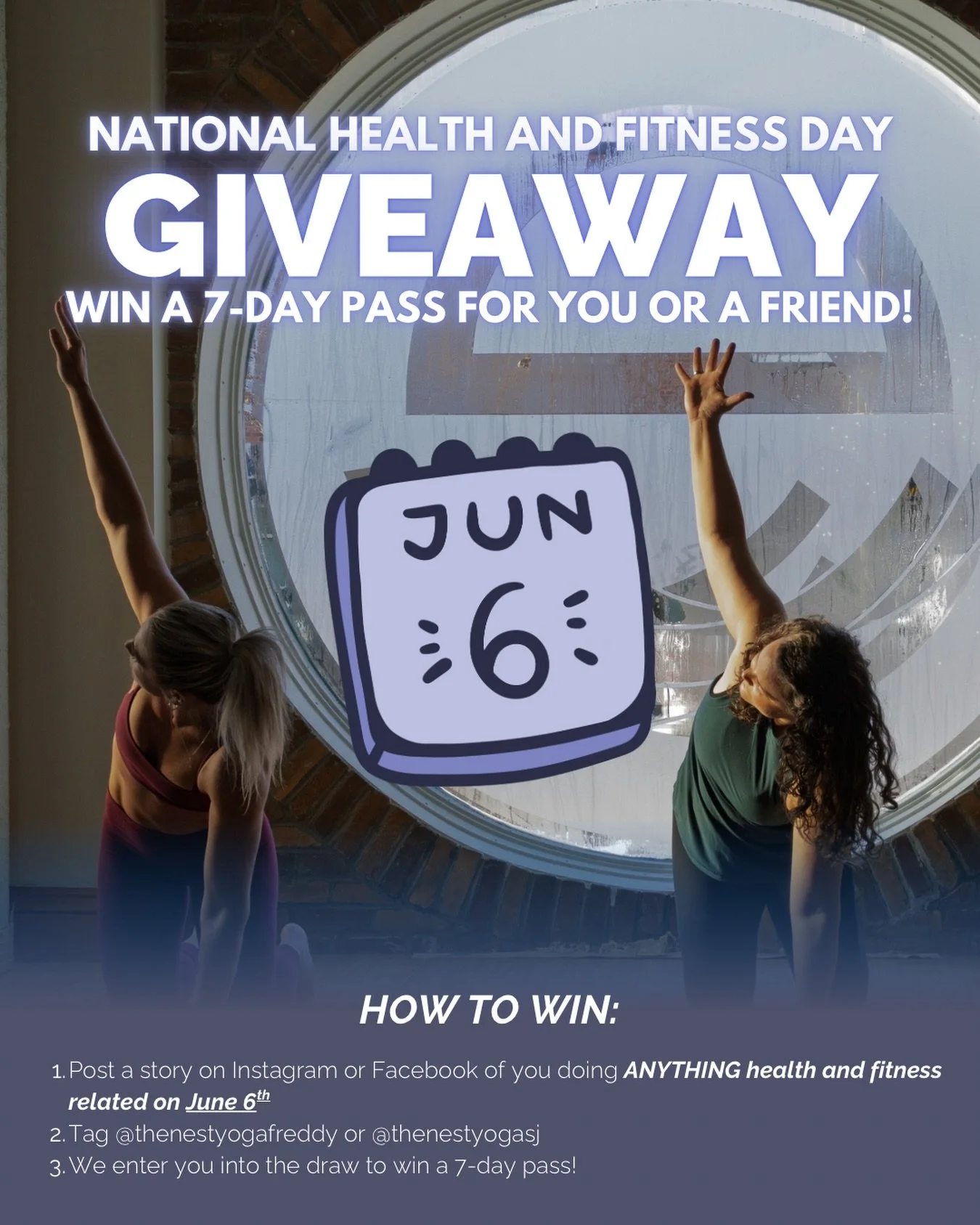 🎉 NATIONAL HEALTH &amp; FITNESS DAY GIVEAWAY 🎉

TOMORROW, JUNE 6th! 

We&rsquo;re celebrating movement in all its forms and giving away a 7-Day Pass to The Nest for you or a friend!

Here&rsquo;s how to enter:
✔️ Post a story on Instagram or Facebo