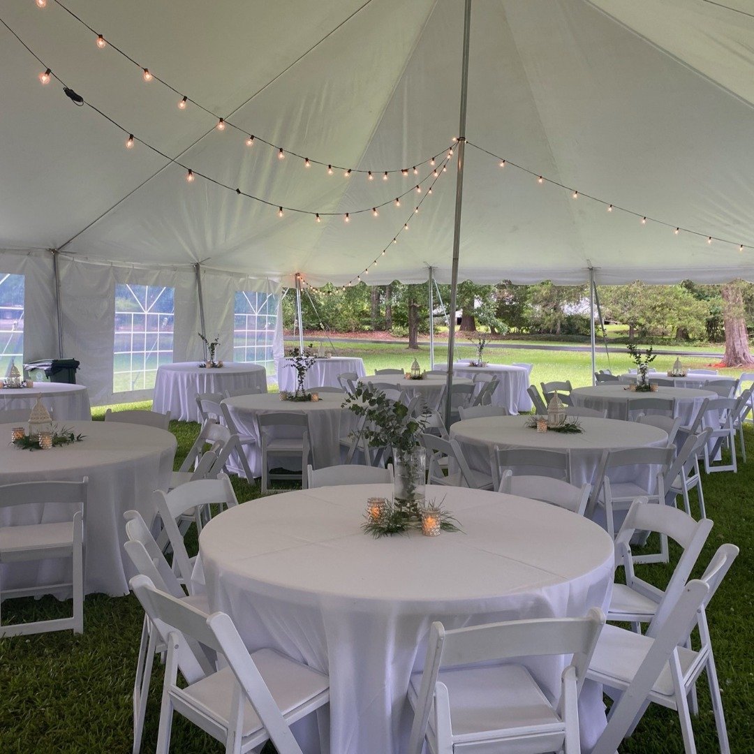 We love the opportunity to create a dreamy tent set up for a wedding or special event! This customer had cathedral side walls, drape lighting, tables, chairs, and linens! ✨ If there is rain in the forecast, don&rsquo;t chance it! Let us provide a gor