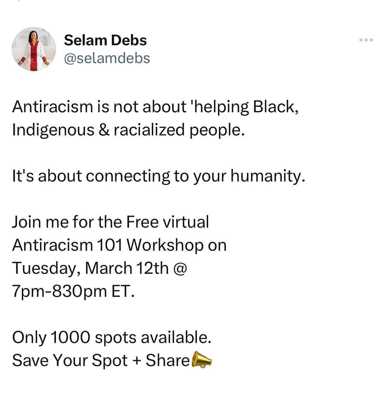 I invite you to join me in this FREE Live Online Antiracism 101 Workshop Tuesday, March 12th @ 7-8:30 PM ET. 

🟠LINK IN BIO + SHARE🟠

If you&rsquo;re just starting your journey towards being an accomplice, or you&rsquo;ve already started to take ac