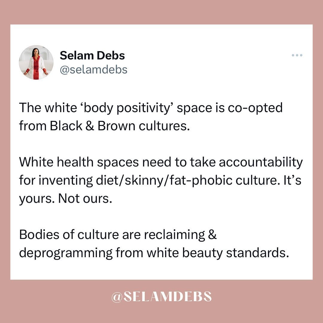 The white &lsquo;body positivity&rsquo; space has co-opted its movement from Black &amp; Brown cultures. 

In Black African, Caribbean, Afro-Latinx &amp; Black diasporan cultures, we were always graced with curvy, thick &amp; uniquely shaped bodies. 