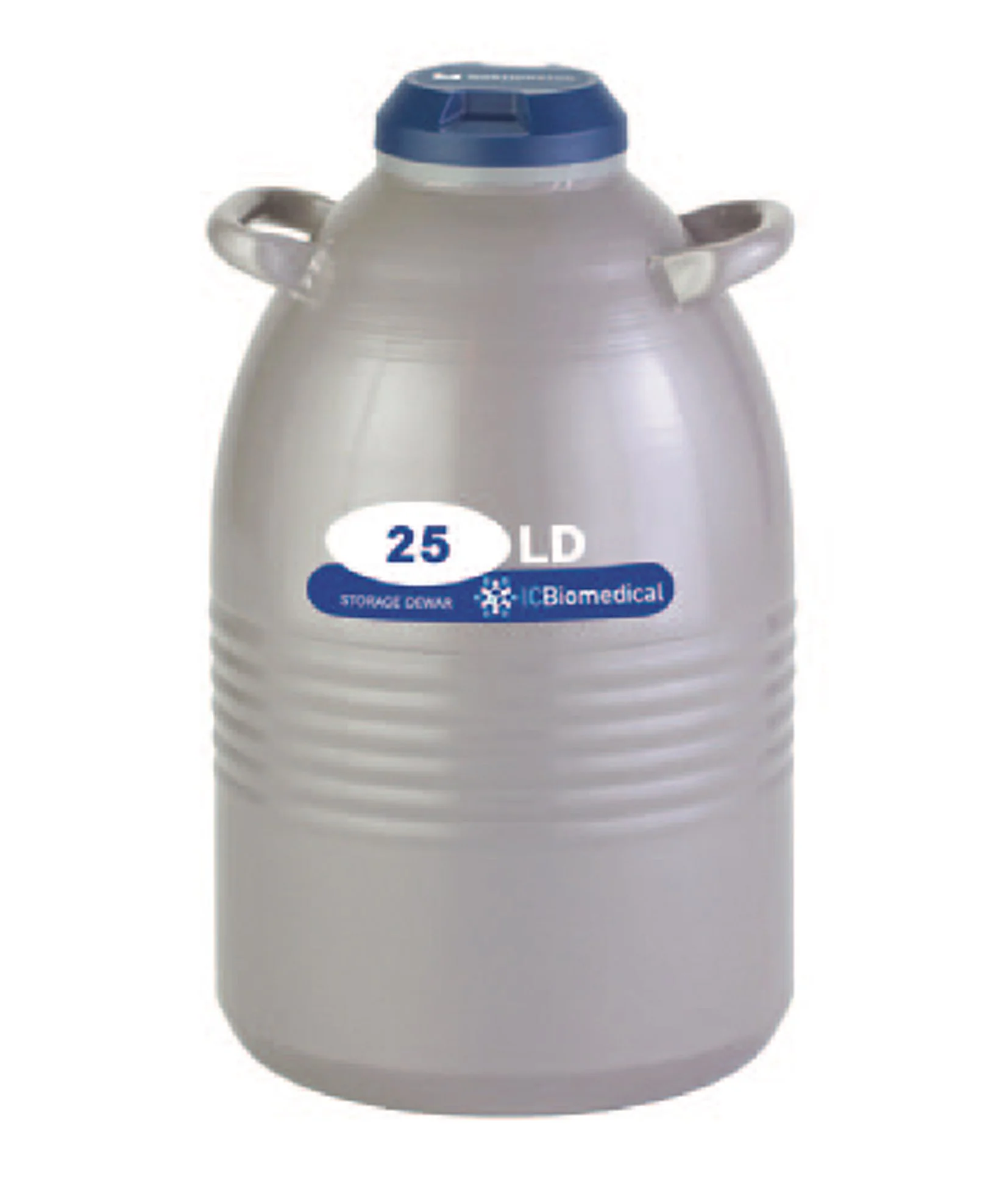 Front view of the LD Series 25LD LN2 Dewar, featuring its grey flask and distinct blue lid, professionally photographed on a white background.