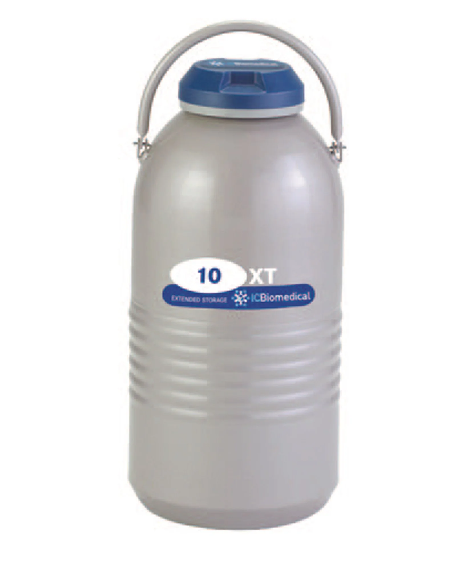 Studio shot of the XT Series 10XT, an extended time small LN2 tank, highlighting its grey flask and contrasting blue lid against a clean white background.