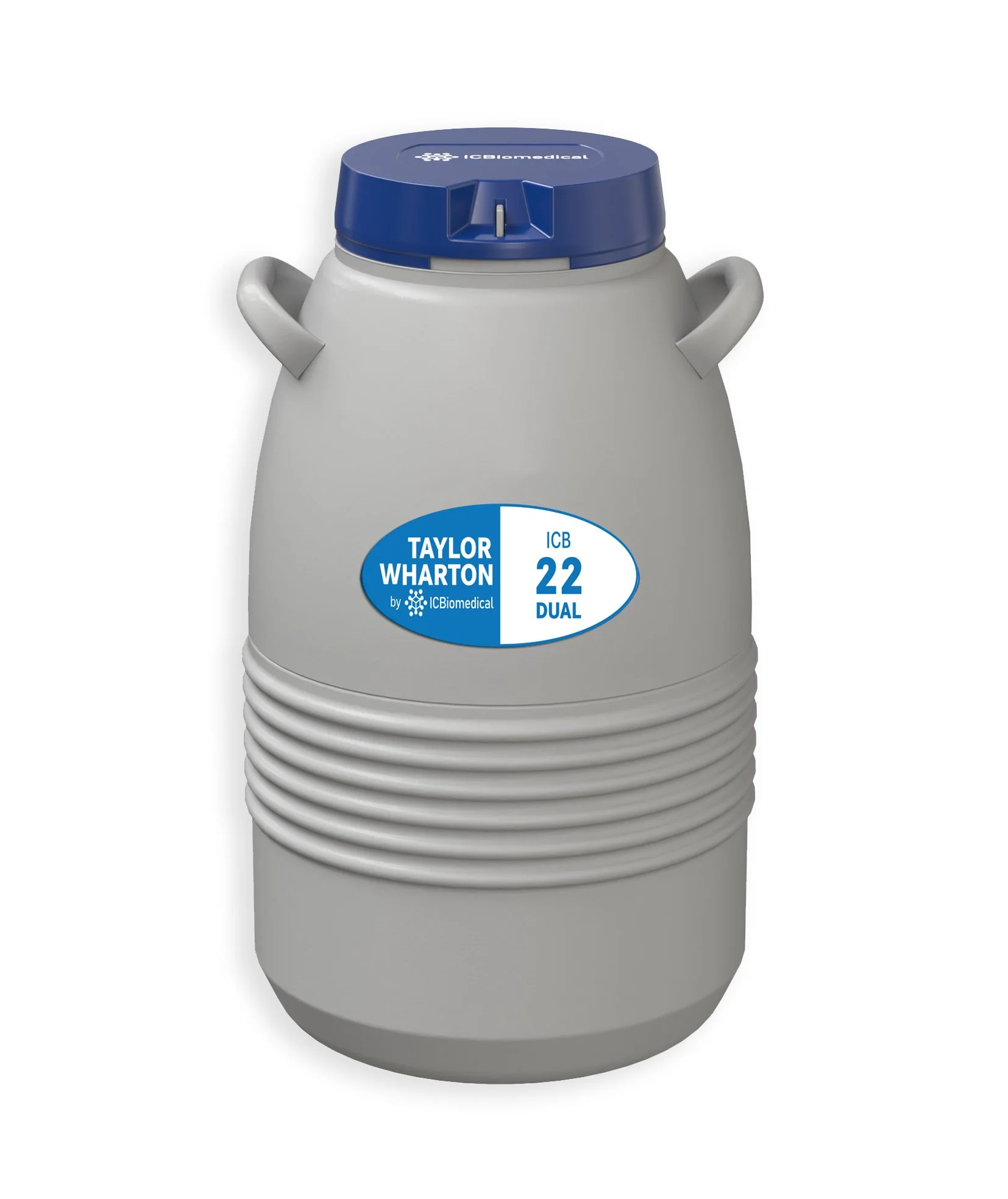 The ICB22 DUAL LN2 semen tank from the ICB Dual Series, showing its grey flask and secure blue lid, presented on a crisp white background