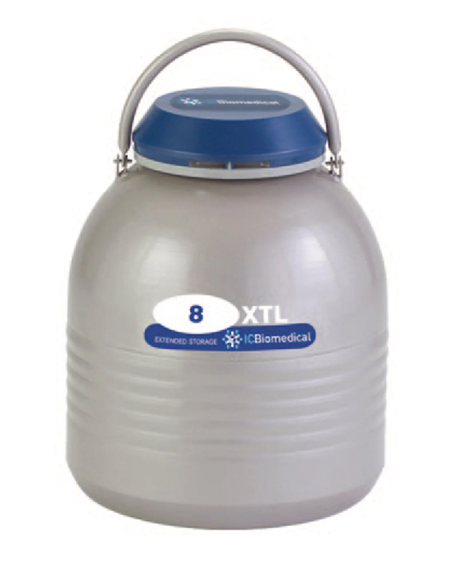 The XT Series 8XTL LN2 extended time small tank, showing its durable grey flask and signature blue lid, presented on a clean white background