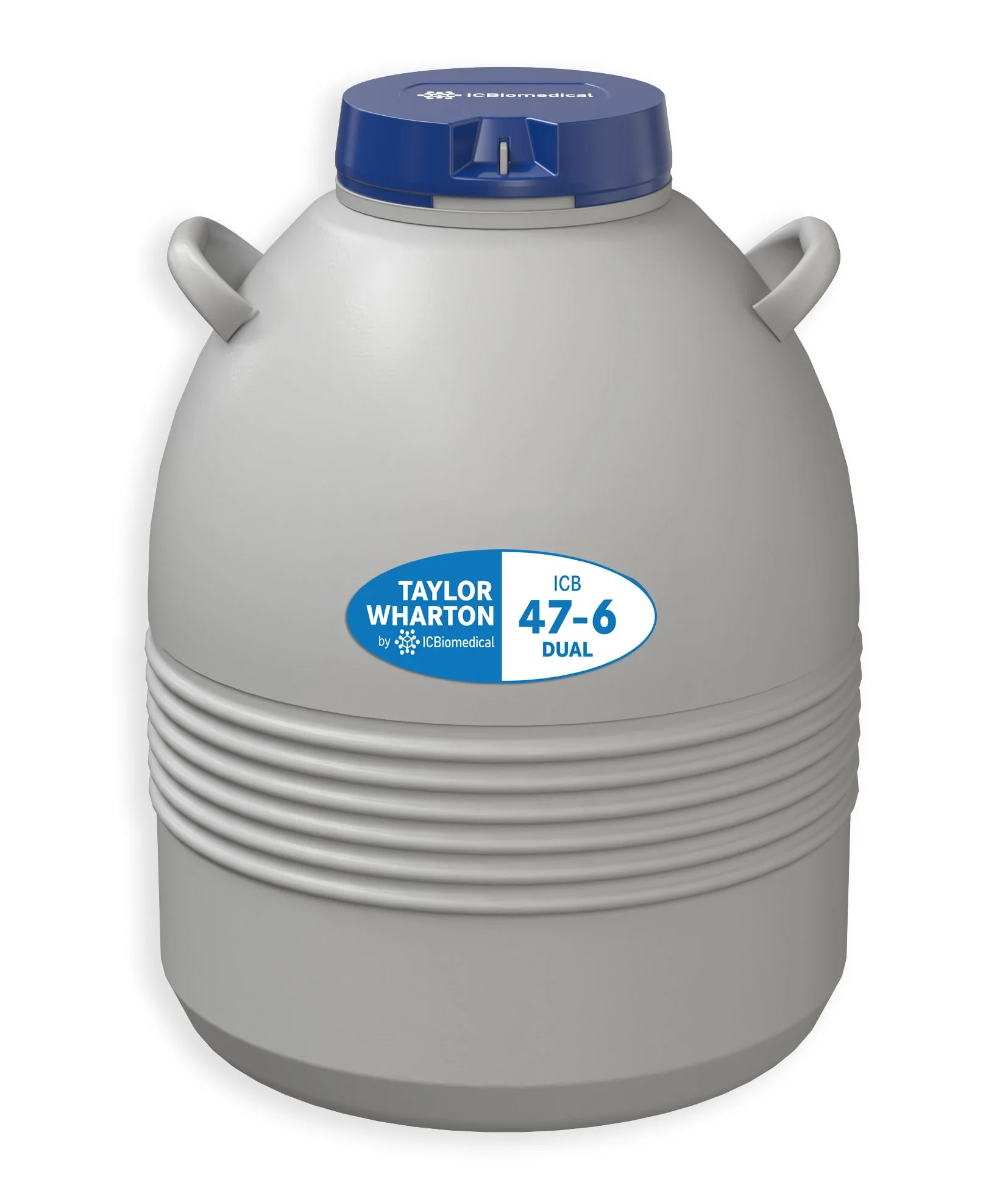 The ICB47-6 DUAL LN2 semen tank from the ICB Dual Series, showing its grey flask and secure blue lid, presented on a crisp white background