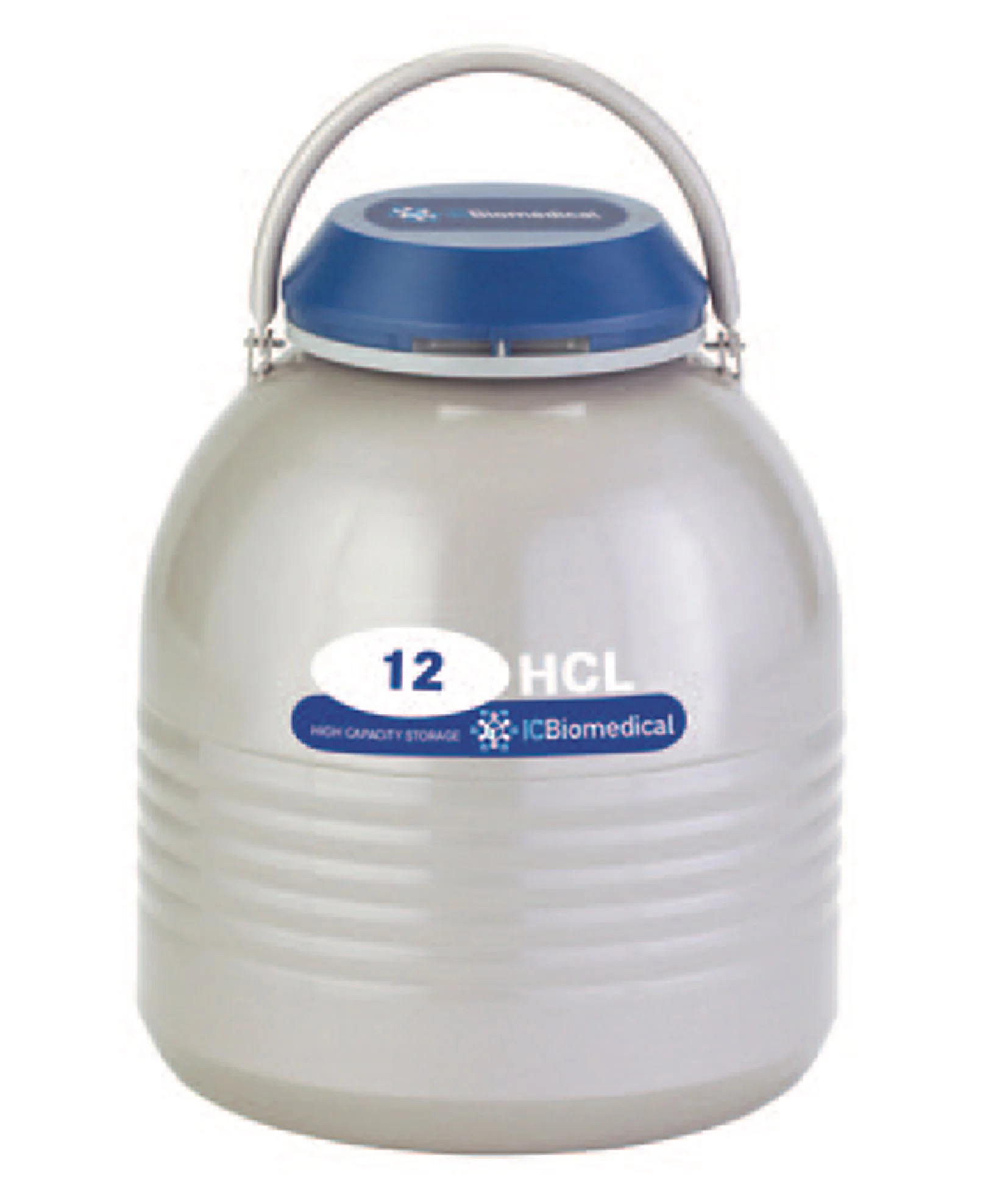 The HC Series 12HCL high-capacity small LN2 tank, featuring a durable grey flask and its signature blue lid, presented on a clean white background