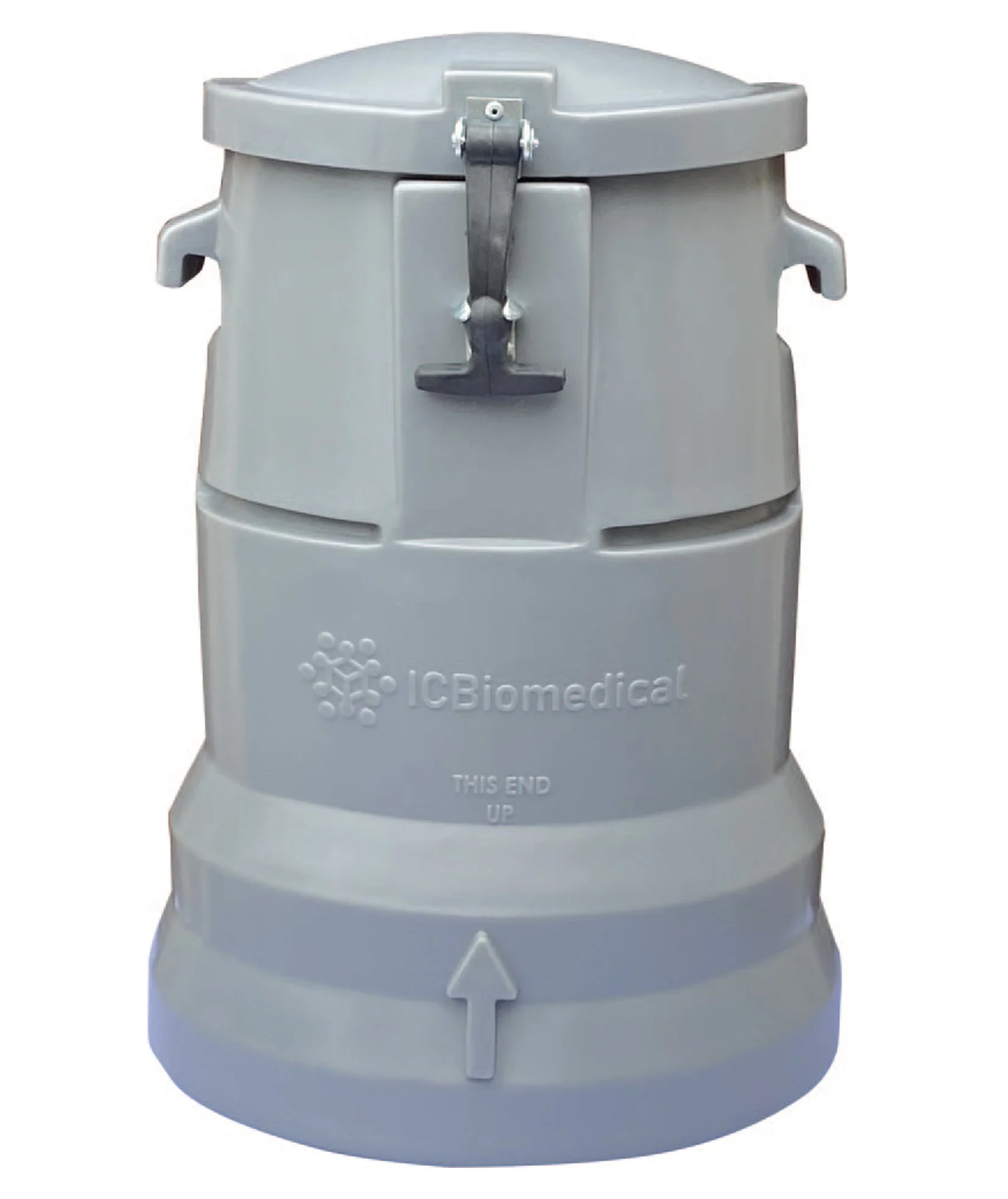 A grey, Upright Shipping Case, shown closed and standing on a white background, designed to provide added support and secure transport for cryogenic shippers.