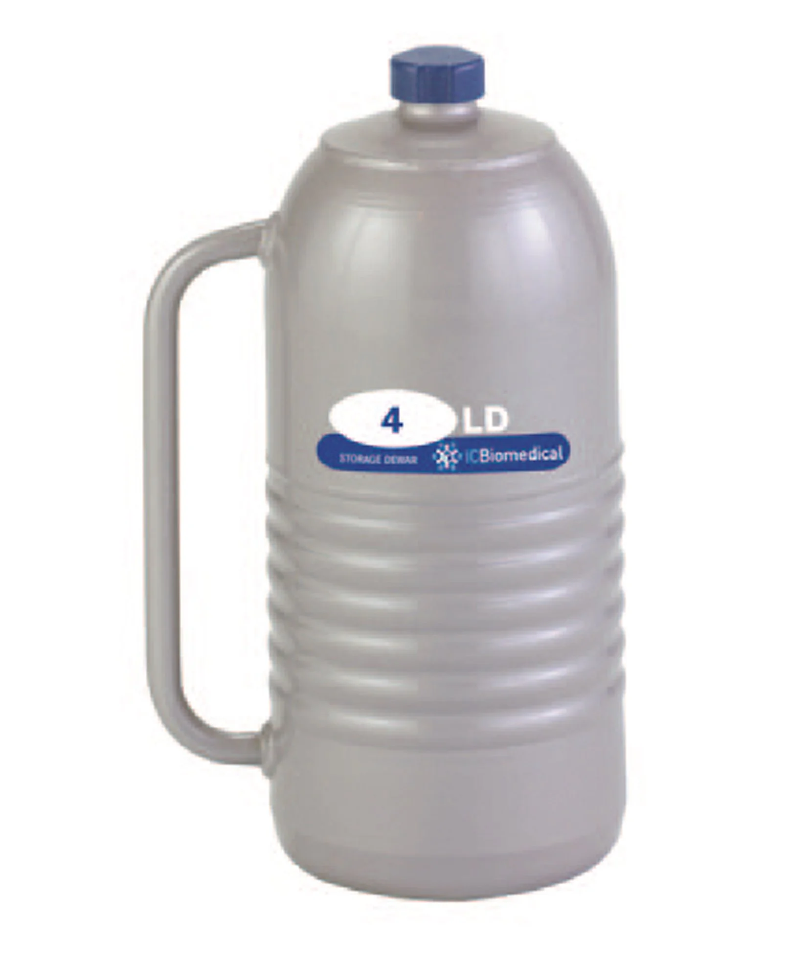 Front view of the LD Series 4LD LN2 Dewar, featuring its grey flask and distinct blue lid, professionally photographed on a white background.
