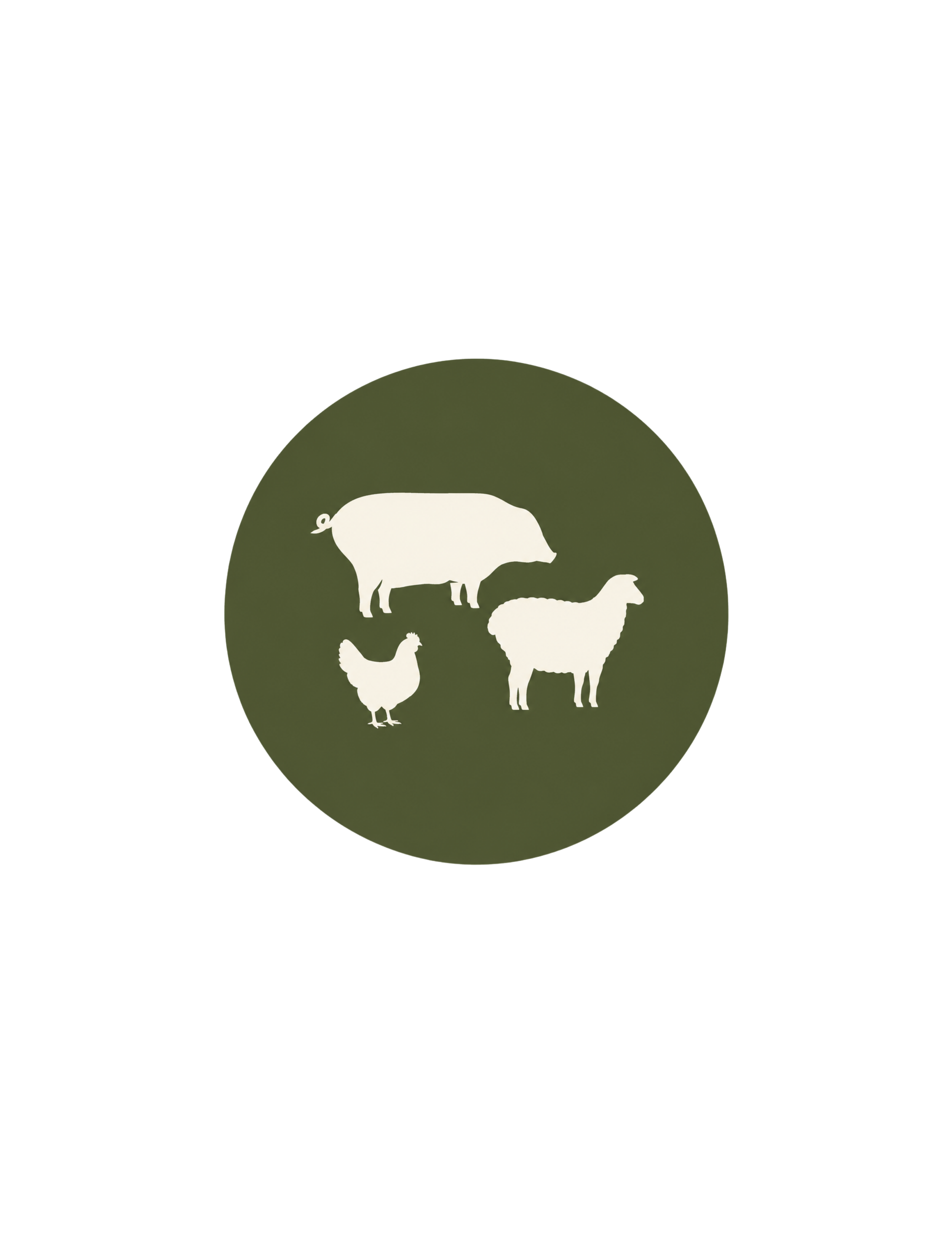 Silhouette of a buffalo, pig, chicken, sheep, and dog inside a green circle.