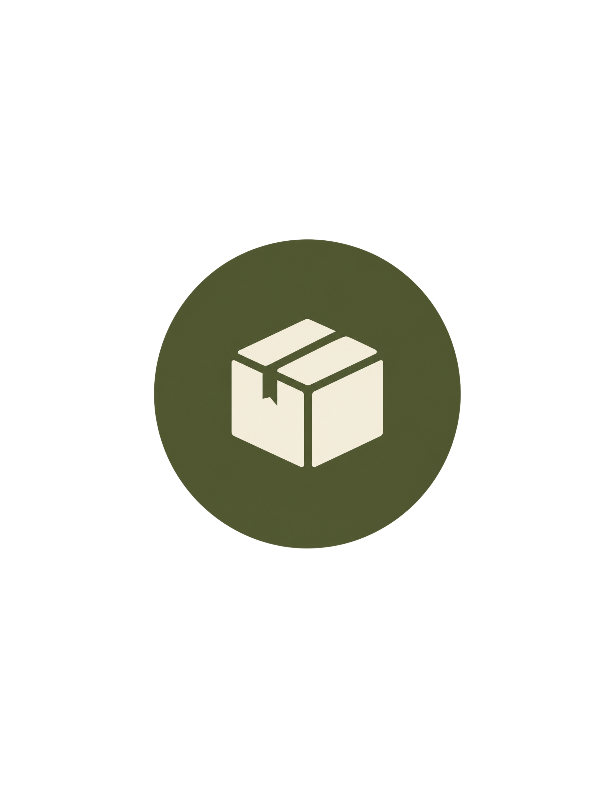 A circular icon with a white box containing a black outline of a box with tape, set against a dark background.