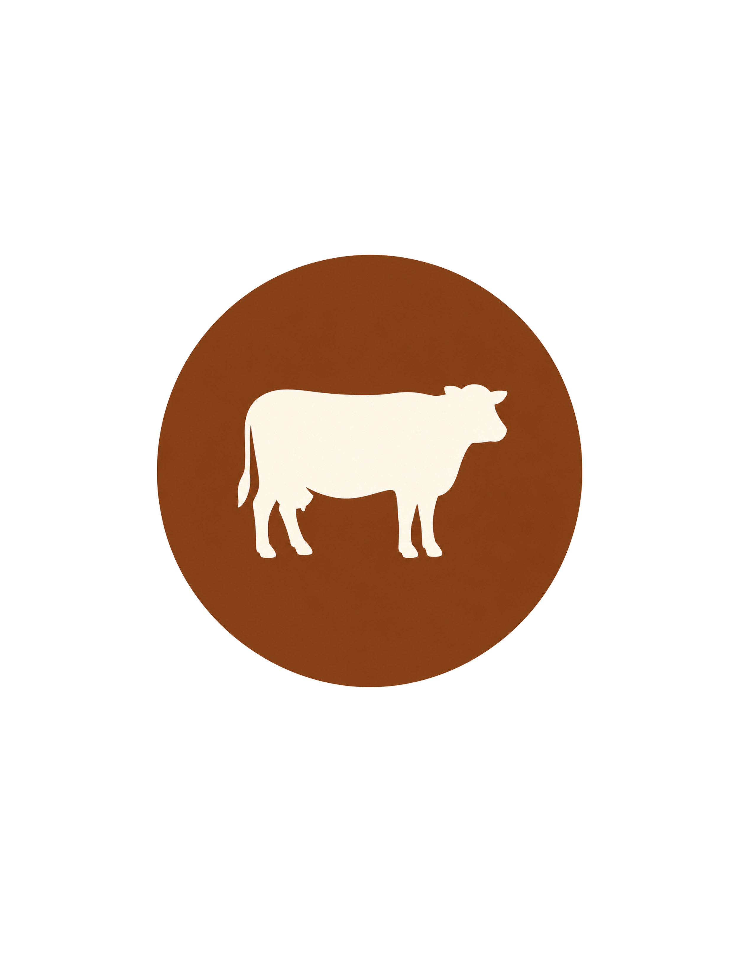 A stylized graphic of a cow inside a brown circle with a blue background.