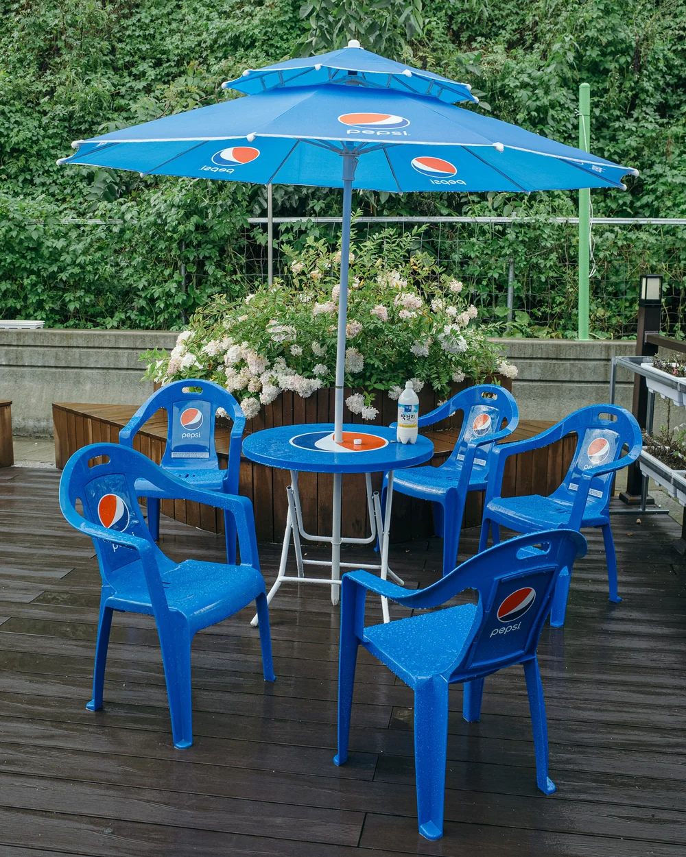   Alt text: five plastic blue chairs surrounding table, all Pepsi branded   