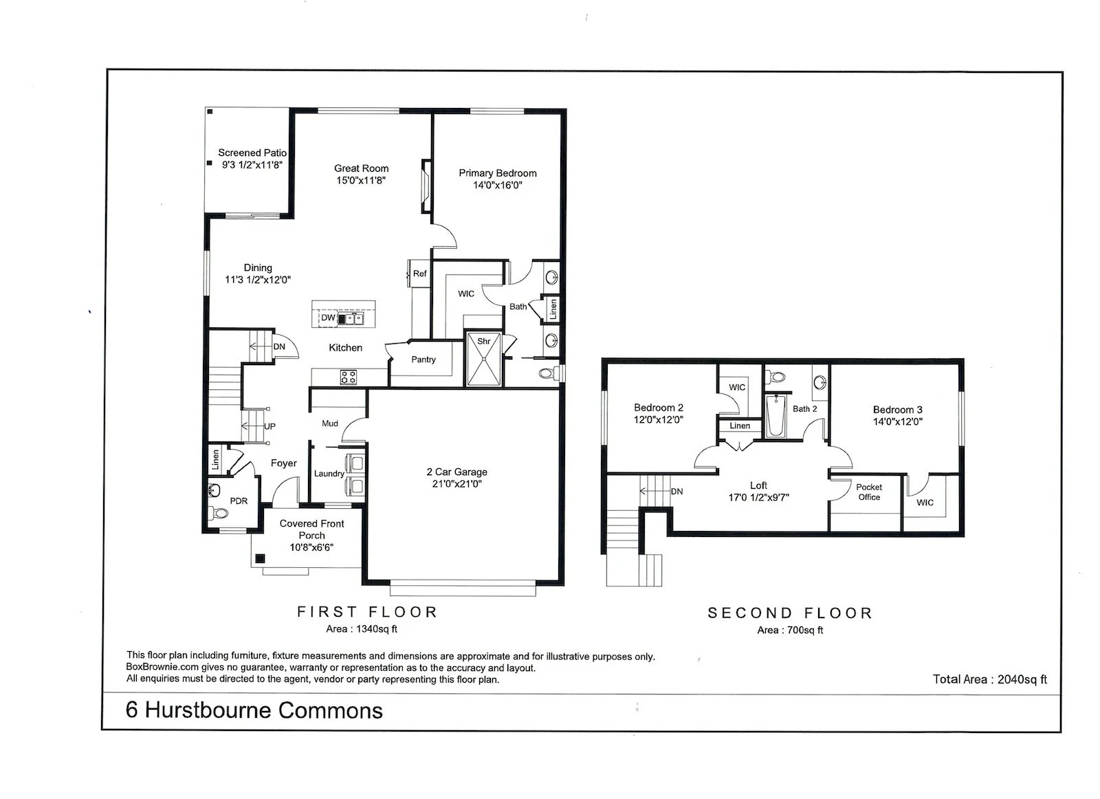 Floor plan of a two-story house, showing first floor with garage, kitchen, dining area, great room, primary bedroom, screened patio, laundry, and other rooms, and second floor with bedrooms, bath, loft, and office space.