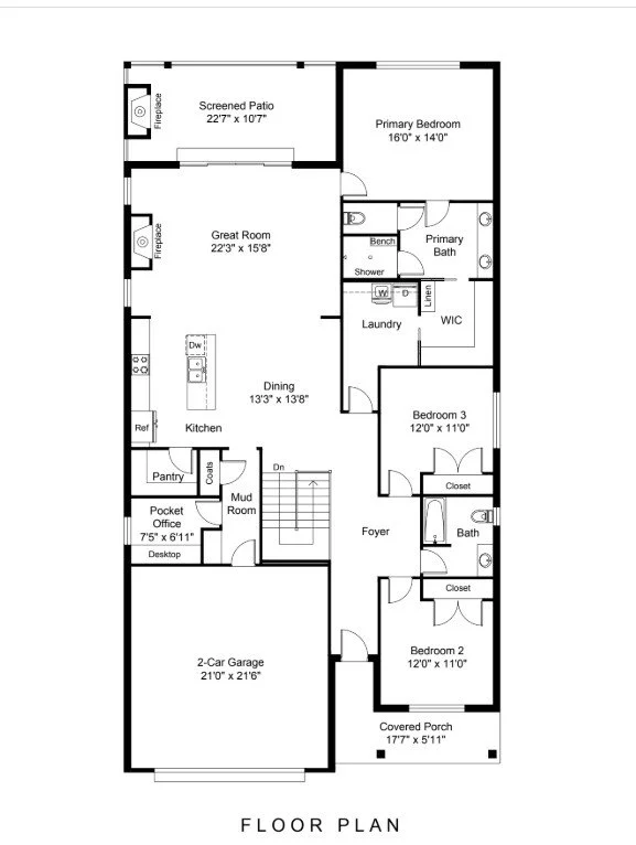 This is a floor plan of a house showing the layout of rooms, including a 2-car garage, covered porch, foyer, bedrooms, bathrooms, kitchen, dining area, great room, screened patio, laundry, and a primary bedroom with an attached primary bath and walk-in closet.