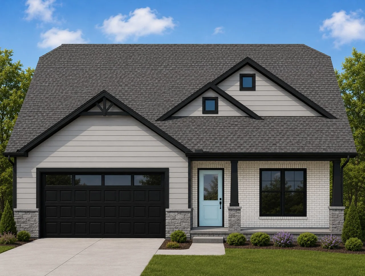 Front view of a modern two-story house with a dark gray roof, white siding and brick exterior, black garage door, light blue front door, black window trims, and landscaped front yard with small bushes and flowers.