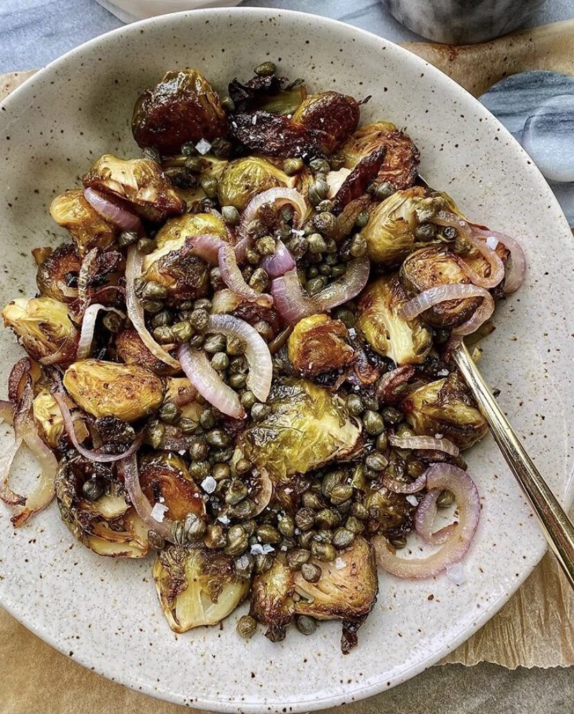 BEST BAKED BRUSSELS SPROUTS W/ BUTTERY CAPERS & CARAMELIZED ONIONS