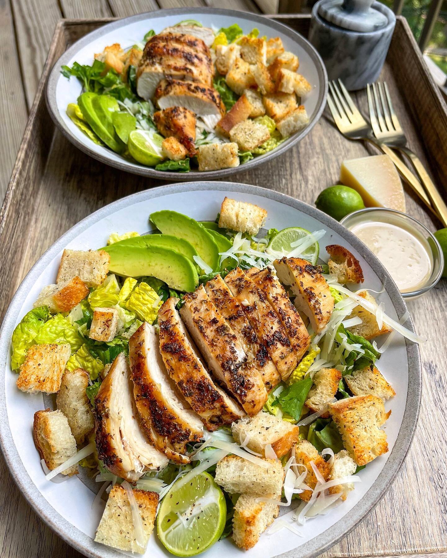 Caesar Salad with Homemade Sourdough Croutons! 😍 Home cooked food - so simple, so nourishing, so good! The chicken breast is insanely juicy and delicious! I haven&rsquo;t found a good Caesar salad in the area, so I make my own and it&rsquo;s 💯 ! 

