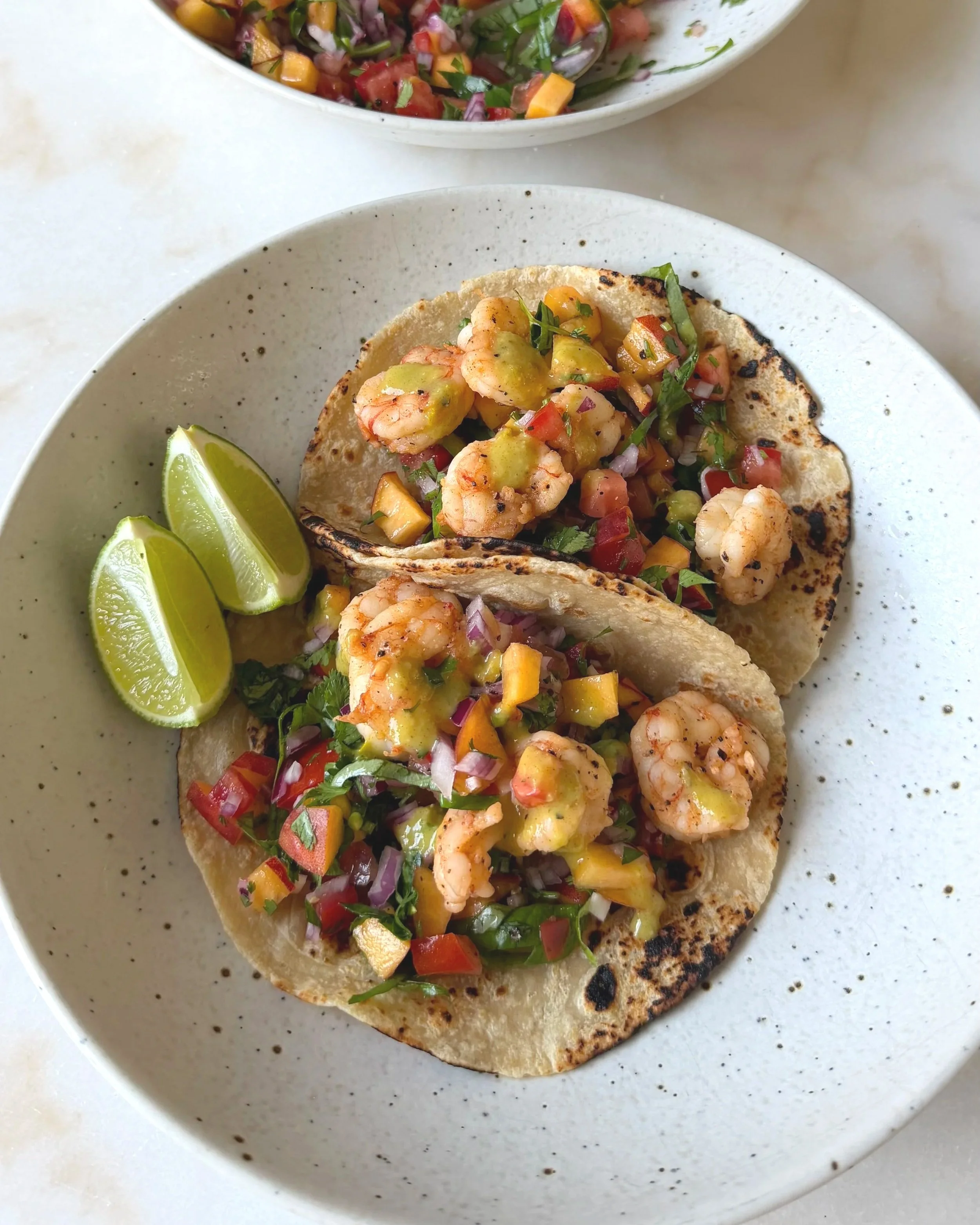 PEACH SALSA SHRIMP TACOS