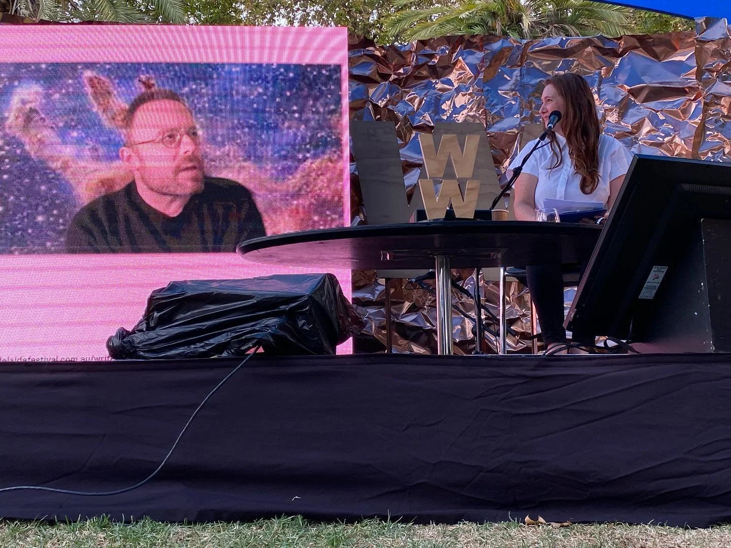 Joshua Cohen being interviewed on zoom by Michaela Kalowski at the Adelaide Festival Writers Week