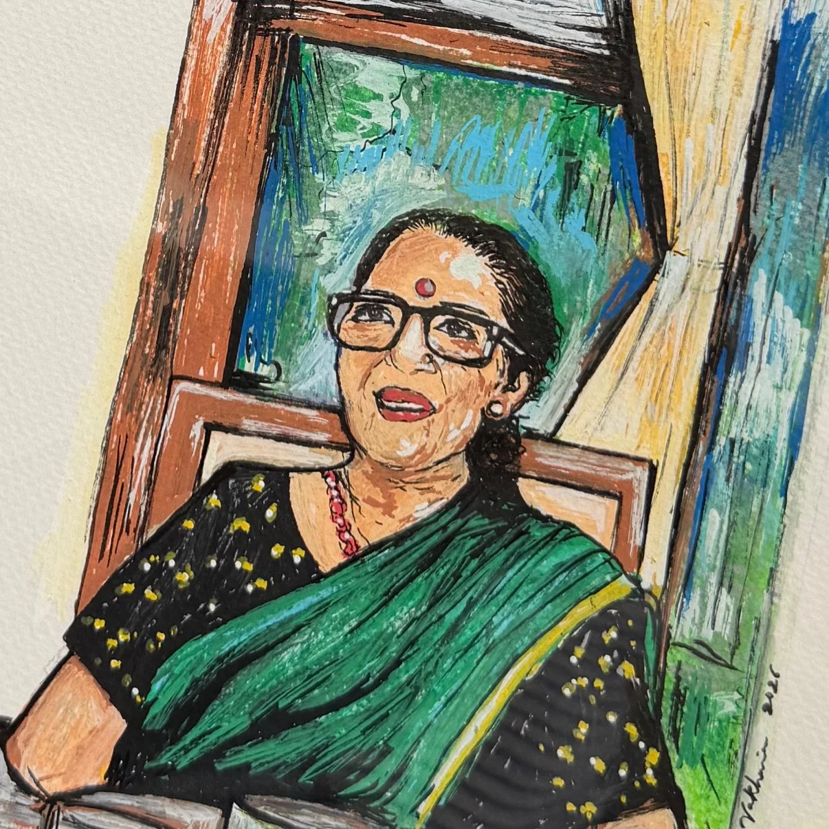 made this portrait as a token of gratitude for the amazing, dynamic, talented actor and cook - @kalai.insta 
&hearts;️

stay tuned for the little film we made together!🍲🥰

[posca marker portrait, painting process, sketch, saree painting]