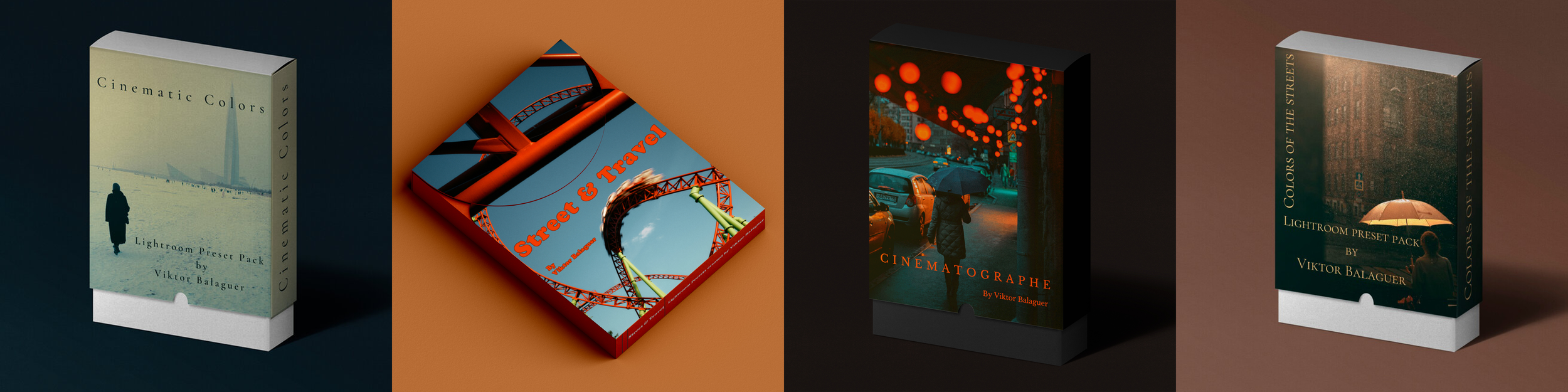 Four digital product boxes featuring photography and Lightroom presets. The first box shows a snowy scene with a person and towers, titled "Cinematic Colors." The second box displays a roller coaster image titled "Street & Travel." The third box has an urban scene with red lights titled "Cinematographe." The fourth box features a rainy city scene with an umbrella, titled "Colors of the Streets." All are by Viktor Balaguer.