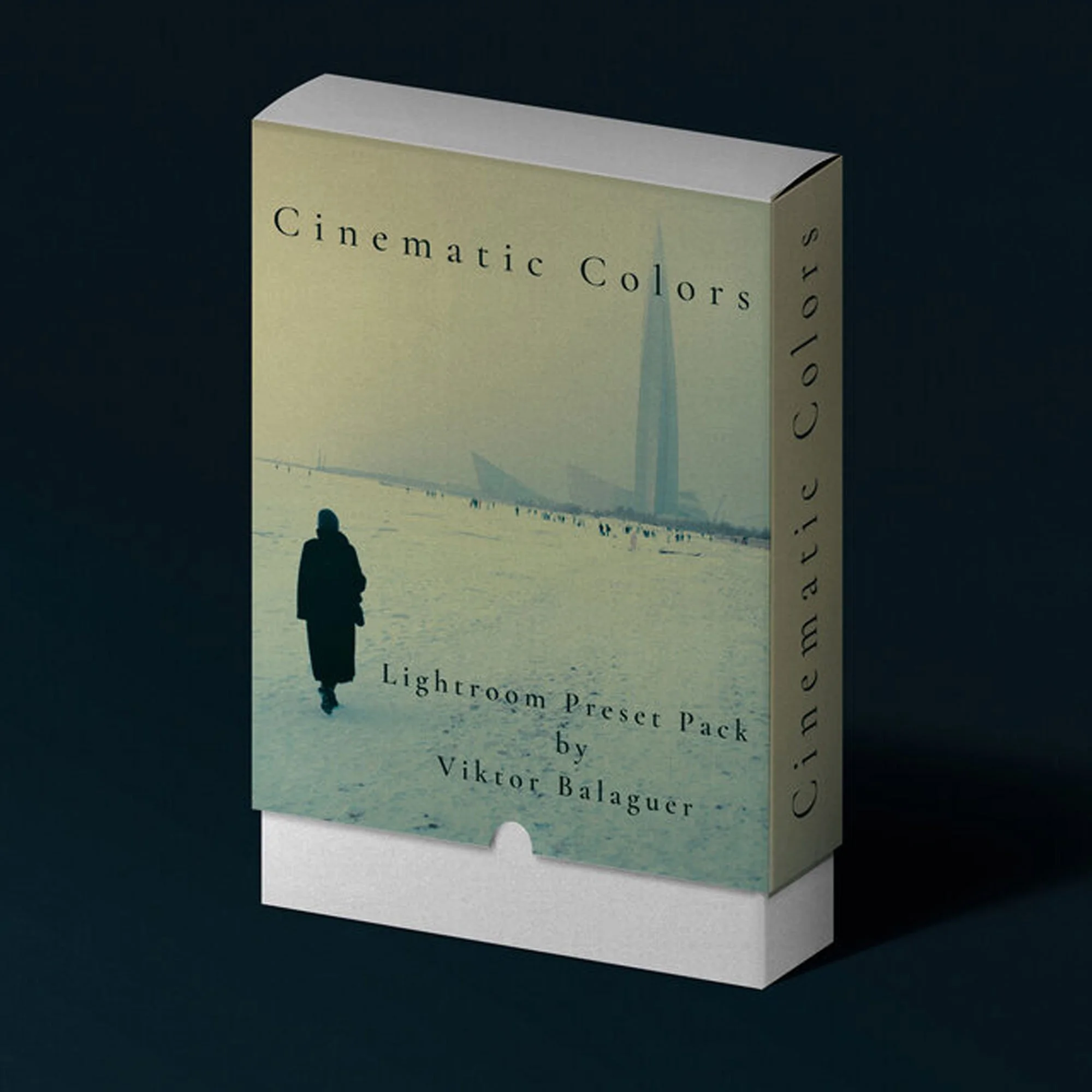 Box labeled 'Cinematic Colors Lightroom Preset Pack by Viktor Balaguer' featuring a winter landscape with a person walking.