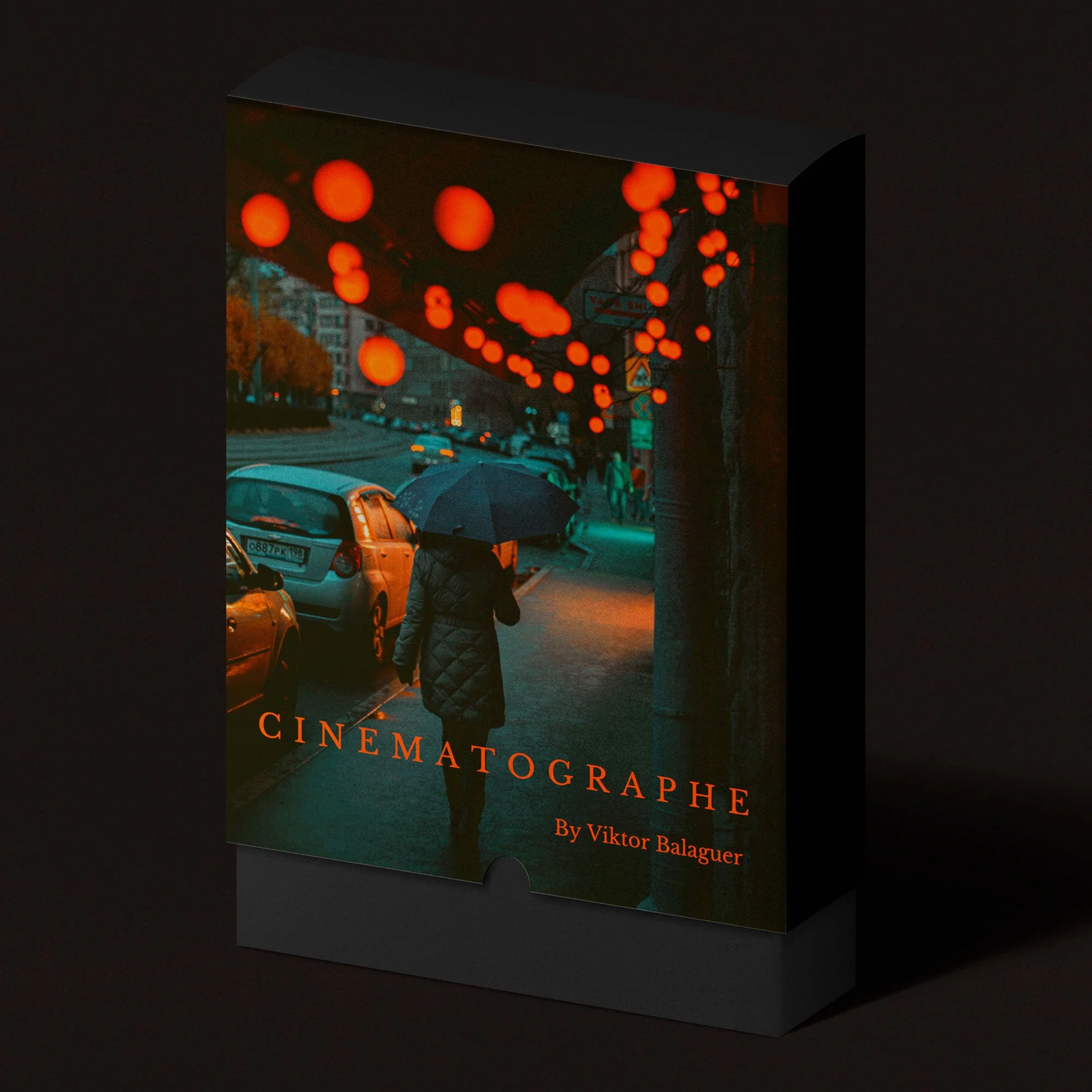 Street scene with a person holding an umbrella, surrounded by cars and illuminated by red lights. Text reads 'CINEMATOGRAPHE By Viktor Balaguer.'