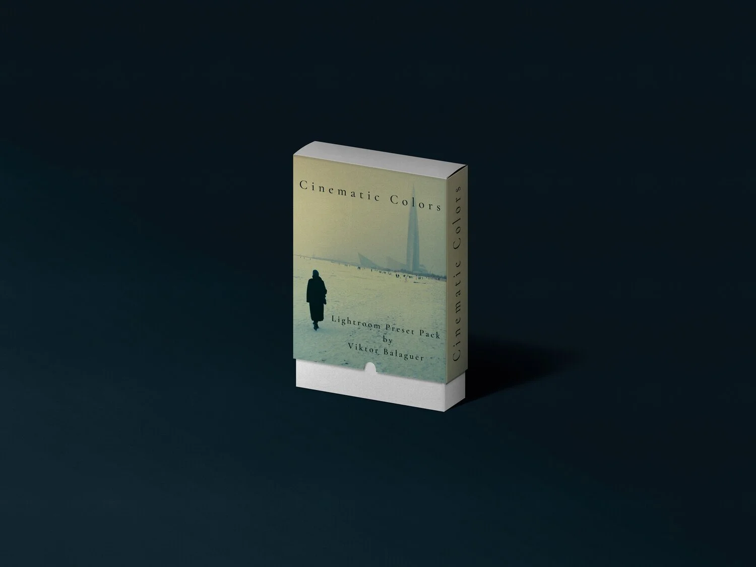 A product box labeled "Cinematic Colors" for a Lightroom preset pack by Viktor Balaguer, featuring a silhouette of a person walking in a snowy landscape.