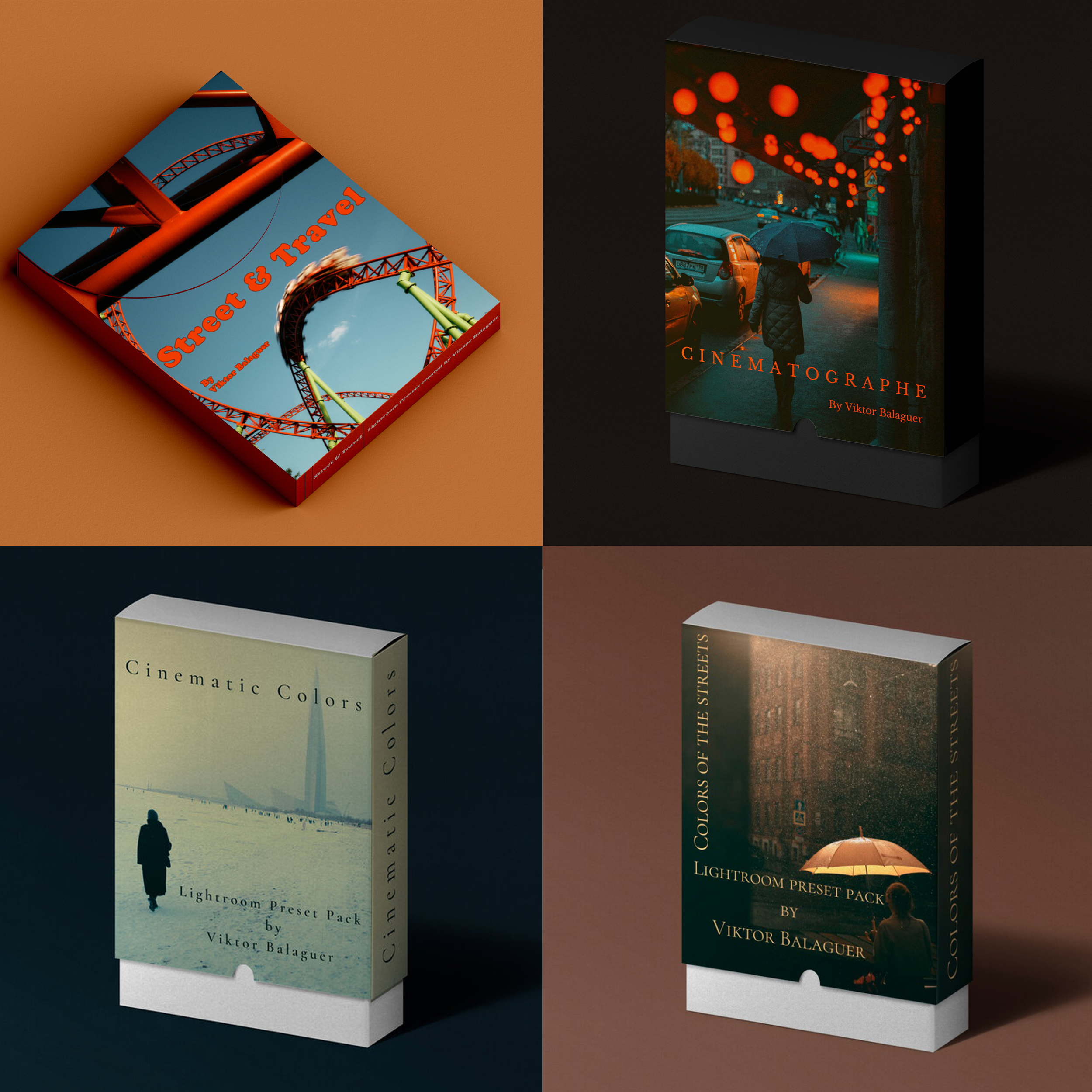 Four Lightroom preset pack boxes including "Street & Travel," "Cinematographe," "Cinematic Colors," and "Colors of the Streets" by Viktor Balaguer, each with unique cover designs.
