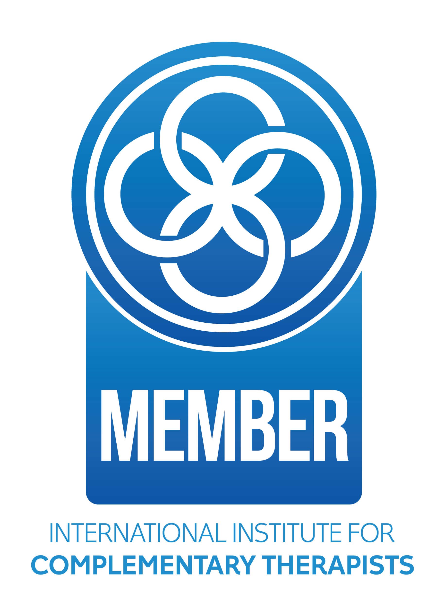 Blue and white badge with a circular logo and the words 'MEMBER' and 'International Institute for Complementary Therapists'.