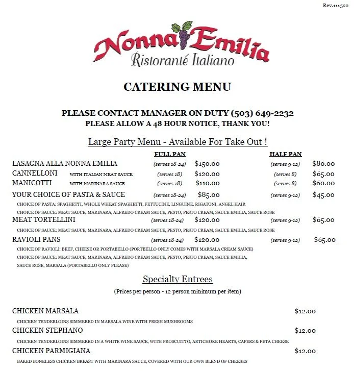 Catering & Large Party Menu Nonna Emilia's
