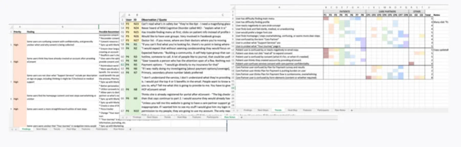 Showing findings/recommendations, raw notes (focused around observations and capturing direct quotes), and observation trend map (from left to right). Image intentionally blurred to preserve client privacy.